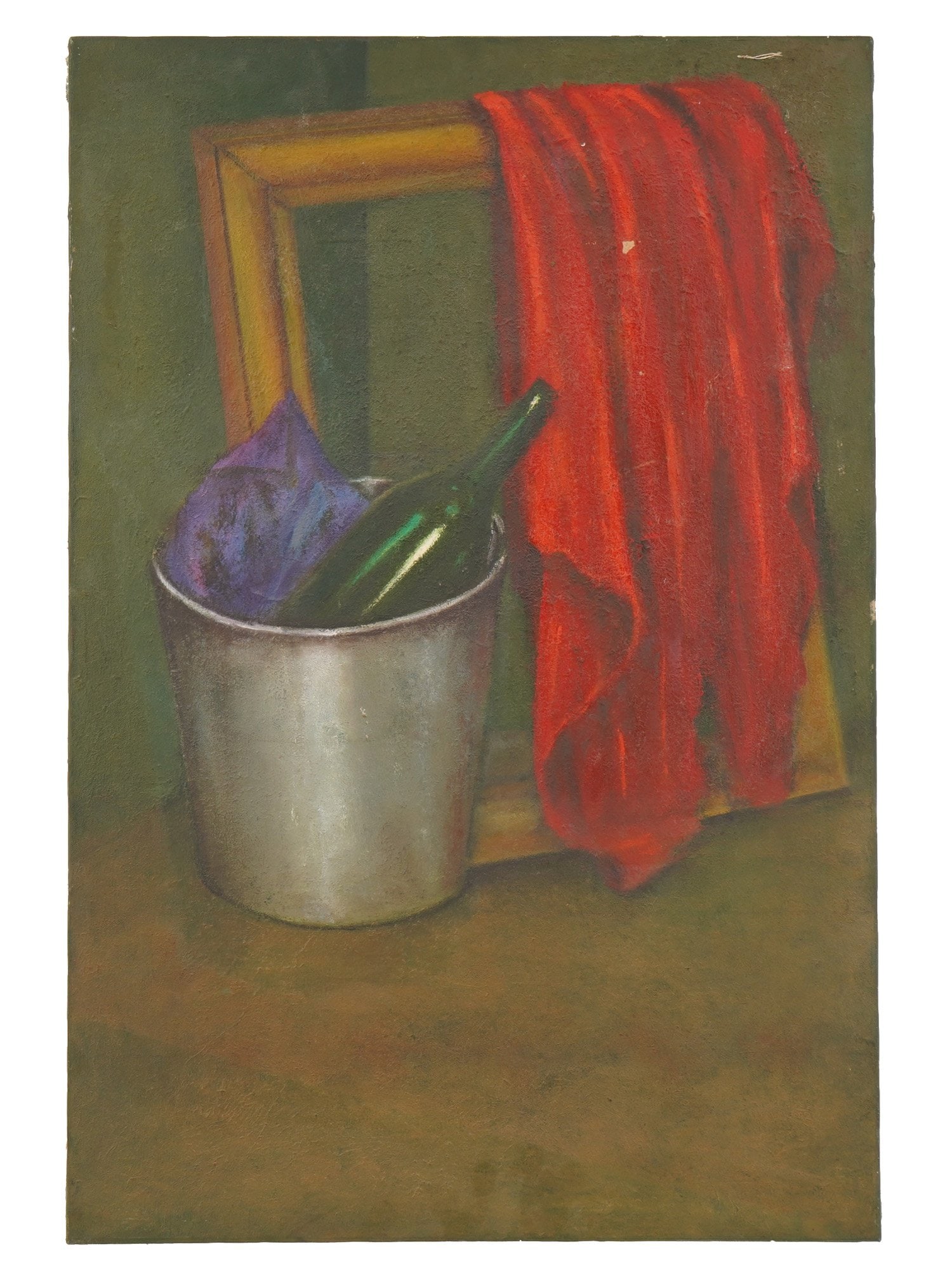 STILL LIFE PAINTING BUCKET W BOTTLE AND PICTURE FRAME: A traditional still life oil painting on canvas depicting a carefully arranged composition of everyday objects. The scene features a metal bucket holding a green glass bottle, an empty wooden picture 