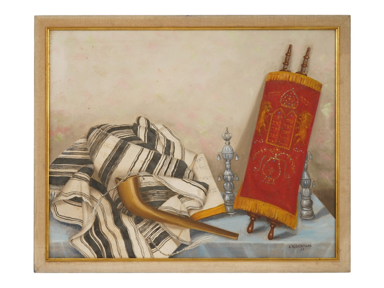 JUDAICA STILL LIFE OIL PAINTING BY ABRAHAM ROSENTHAL: Abraham Rosenthal, Russian, American, 1886 to 1963, oil painting on canvas depicting a Judaica still life with a Torah scroll with a red embroidered mantle, a striped tallit, a shofar, and ceremonial 