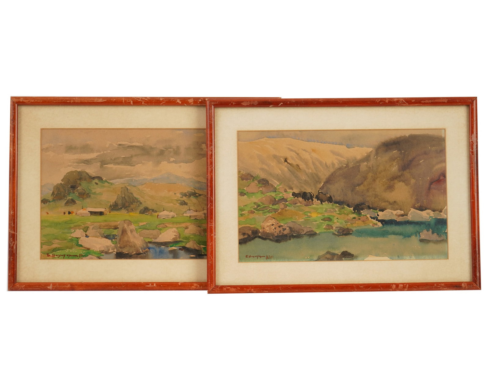 VINTAGE CENTRAL ASIAN WATERCOLOR LANDSCAPE PAINTINGS: A pair of vintage Central Asian watercolor paintings on paper depicting serene landscapes and nomadic life on the Mongolian or Tibetan steppes. One composition shows a nomadic encampment of white yurt