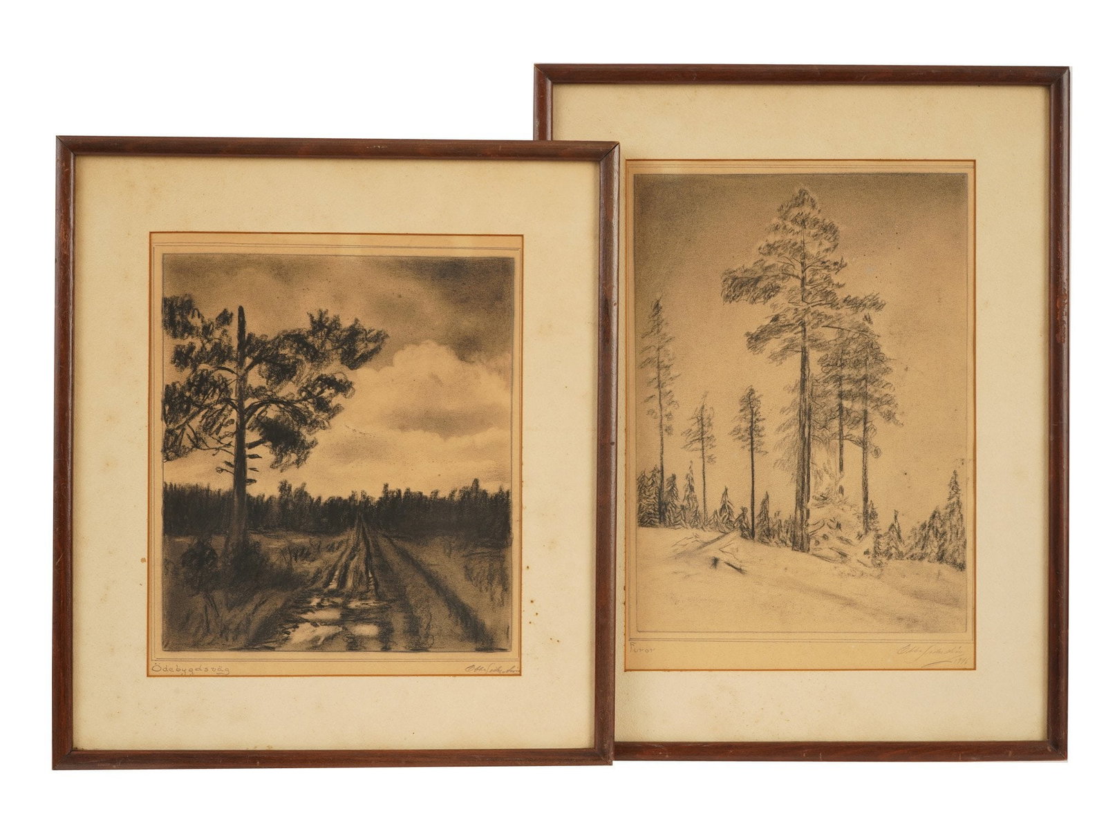 MID CENTURY SCANDINAVIAN LANDSCAPE PAINTINGS: A pair of mid-20th-century charcoal drawings on paper, signed by the same artist, depicting Nordic wilderness landscapes. One, titled Odebygdsvag, portrays a rugged forest road winding through a dark 