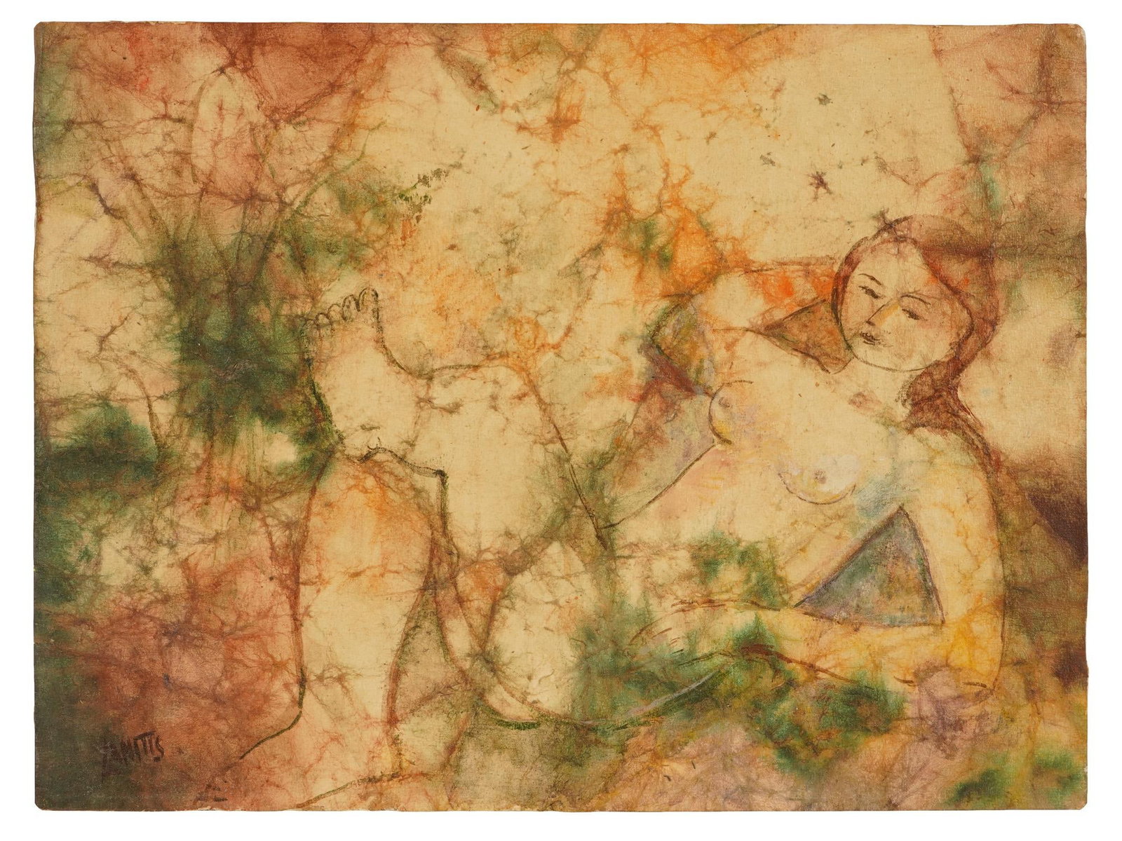 VINTAGE FEMALE NUDE PAINTING SIGNED KIKOS LANITIS: A vintage mixed-media painting on board signed Kikos Lanitis, Cypriot, born 1948, depicting a reclining female nude. Framed. Modern Cypriot Paintings And Figurative Art Collectibles. THIS LOT IS ELIGI