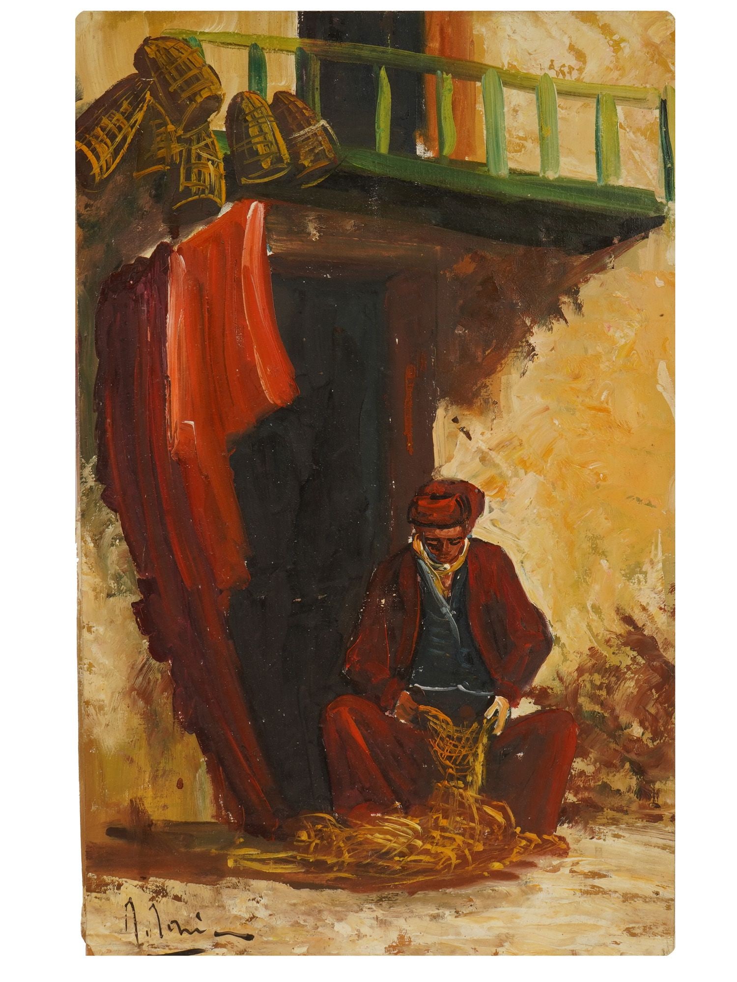 POST IMPRESSIONIST GENRE OIL PAINTING FISHERMAN: A Post-Impressionist genre oil painting on canvas signed lower left. Depicting a traditional fisherman or craftsman seated outside a dwelling and working on a fishing net or woven material. Post-Impre