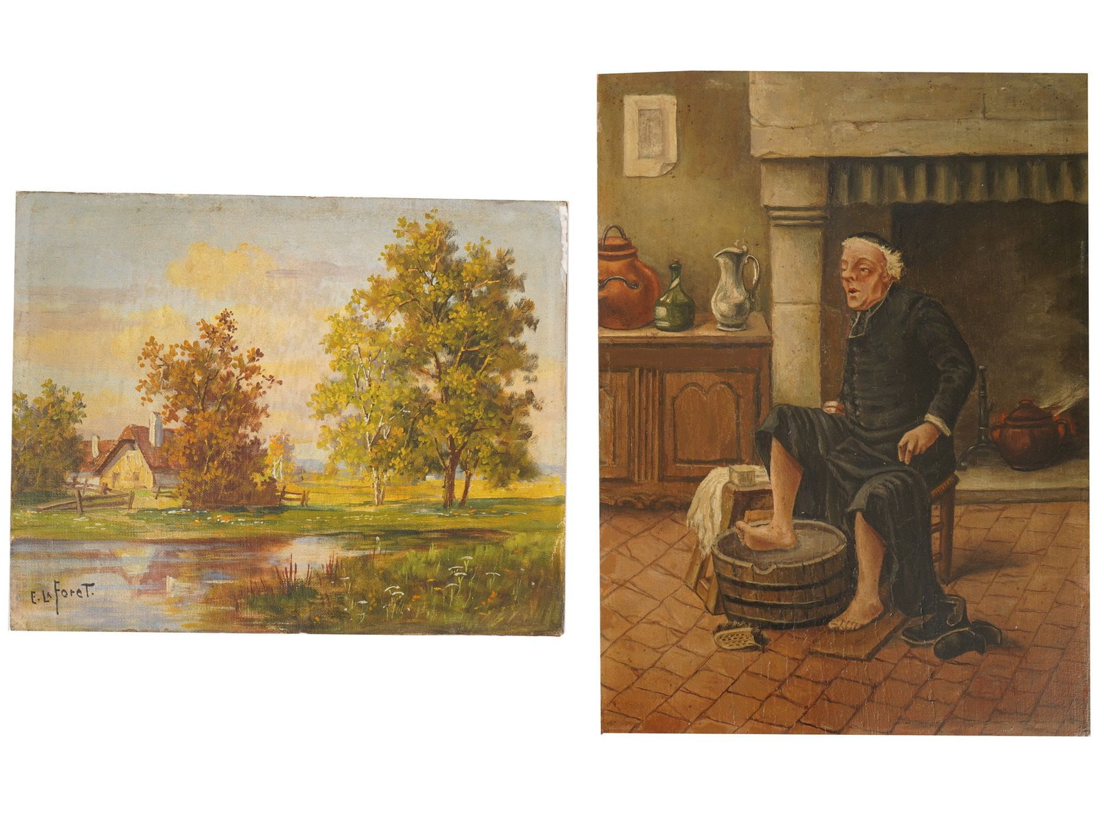 VINTAGE EUROPEAN GENRE AND LANDSCAPE OIL PAINTINGS: A pair of vintage European-style oil paintings on board, including a bucolic countryside landscape signed E. La Foret, depicting a thatched cottage among autumn trees beside a reflective body of water