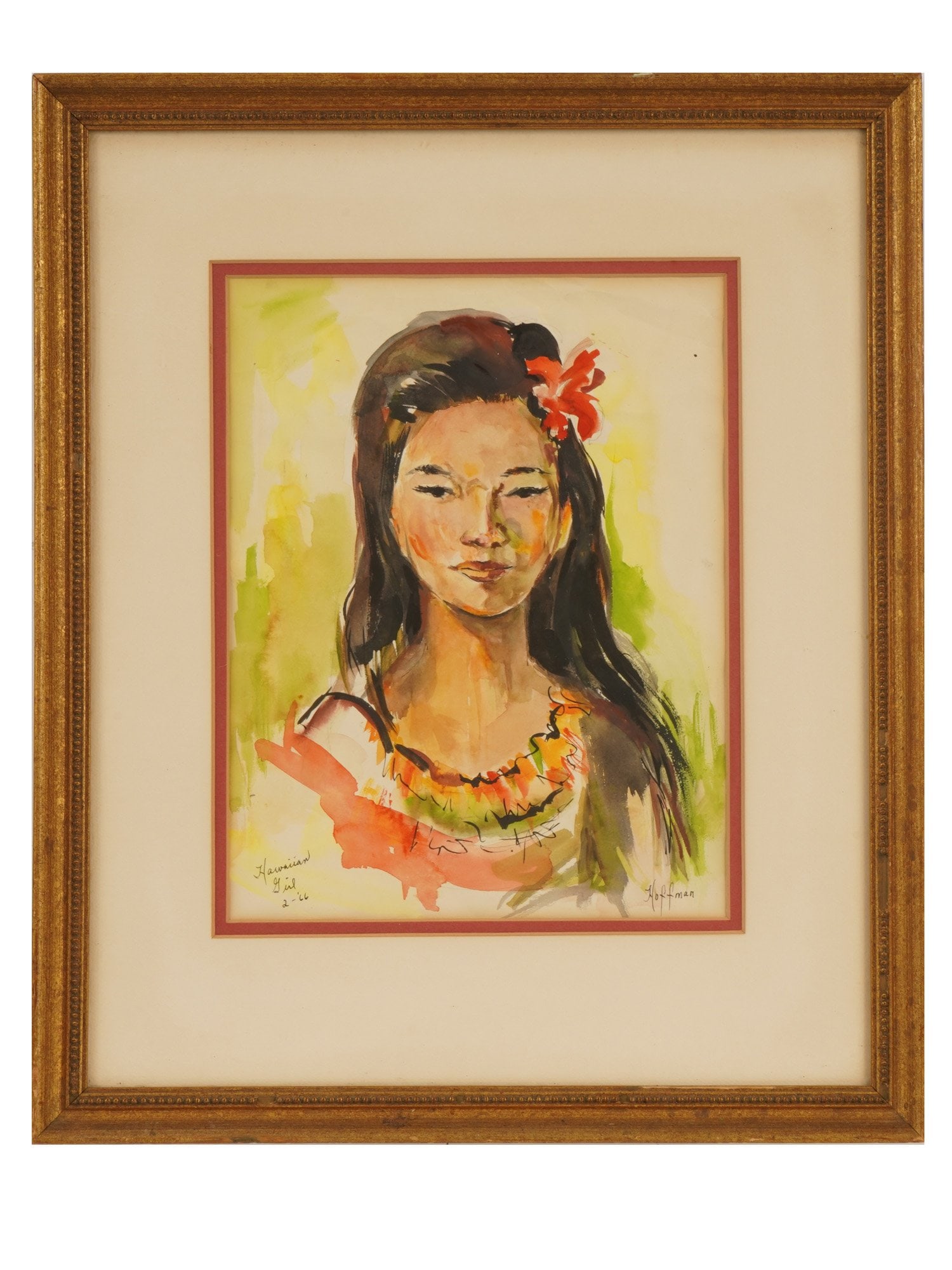 MID CENTURY PAINTING HAWAIIAN GIRL SIGNED HOFFMAN: A mid-century watercolor painting on paper titled Hawaiian Girl, dated February 1966 and signed Hoffman lower right. The portrait depicts a young Hawaiian woman with a red hibiscus flower in her hair.