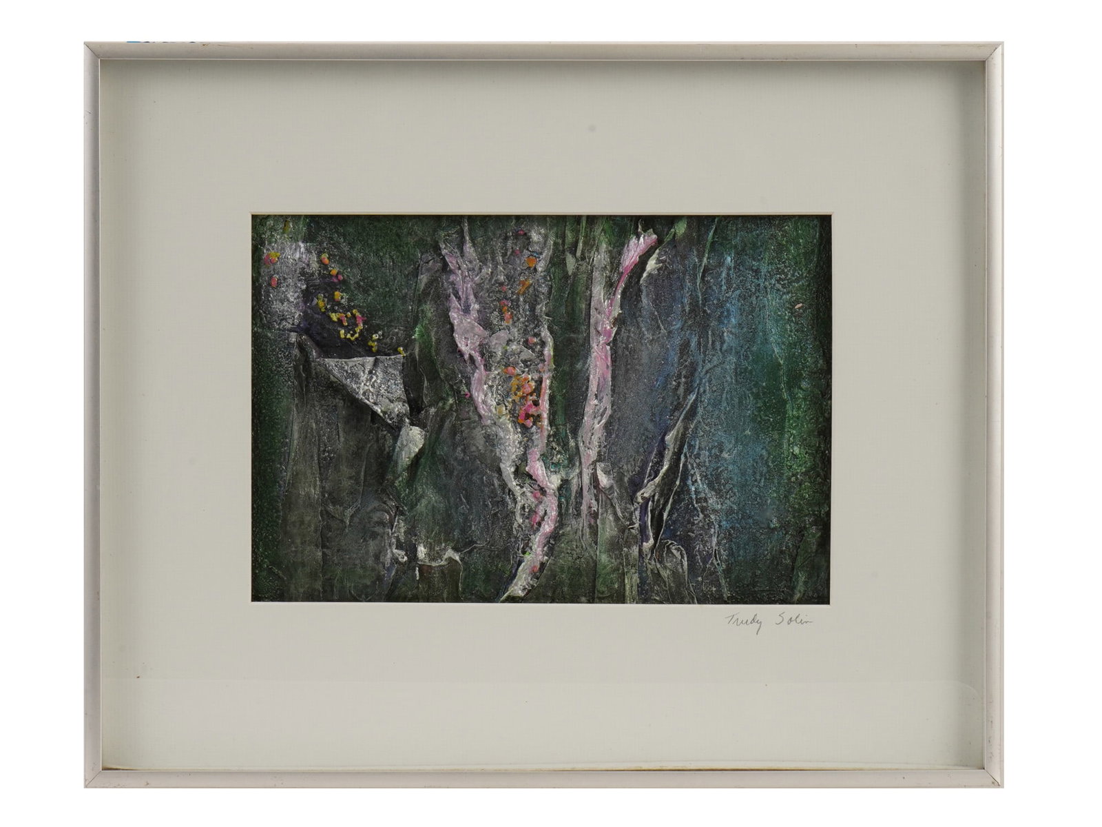 AMERICAN ABSTRACT MIXED MEDIA PAINTING BY TRUDY SOLIN: Trudy Solin, American, 1935 to 2017, a mixed media painting on board depicting an abstract composition. Signed lower right. Framed. Trudy Solin was an American fine artist, educator, and avid art coll