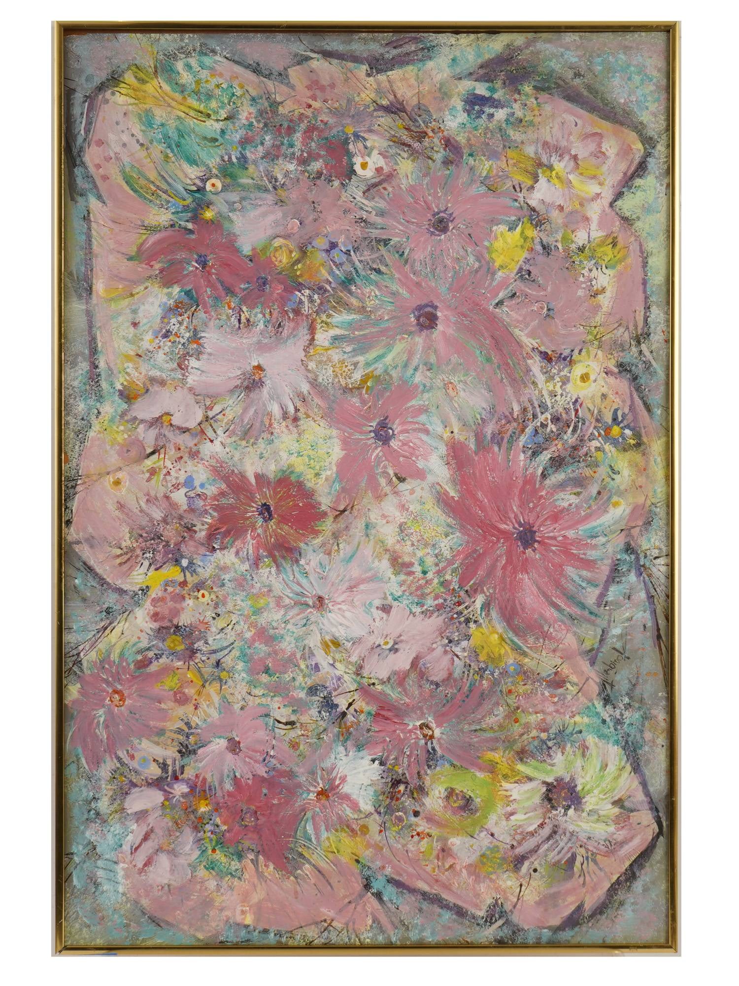 MIXED MEDIA PAINTING FLOWERS SIGNED ALLEN BROOK: Mixed media painting on cardboard. Abstract floral composition in pink and green. Impasto technique. Signed lower right, Allen Brook. Framed. Collectible Fine Art, Wall Decor, Vintage Painting. THIS L