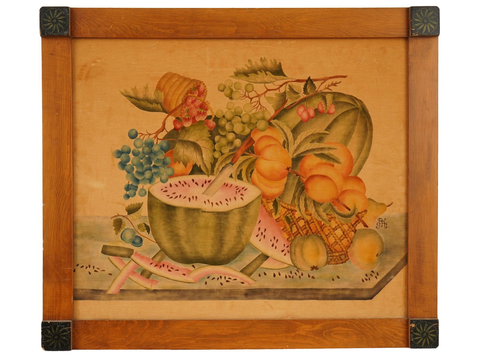 ANTIQUE FRUIT STILL LIFE THEOREM STENCIL PAINTING: Stencil painting on fabric. American school, mid to late 19th century. The artwork depicts a still life with watermelons, grapes, apples, and strawberries. Signed with initials lower right. Framed. Th