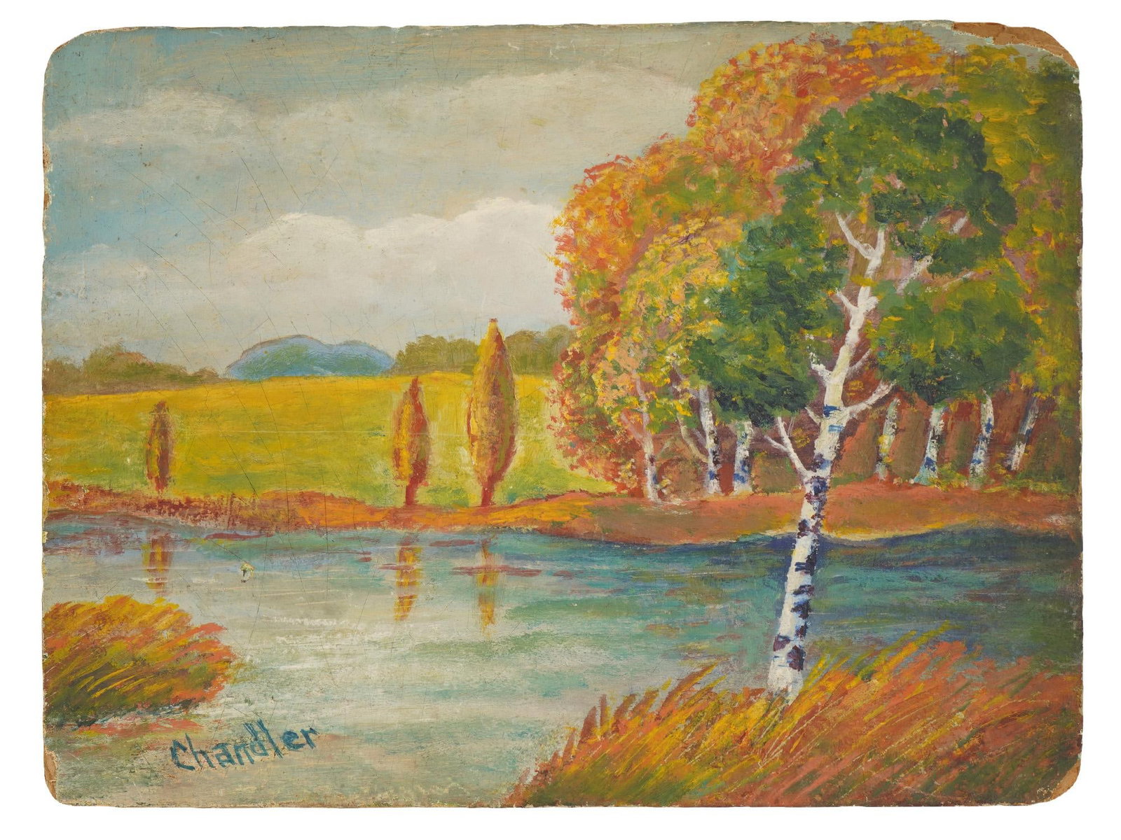 AMERICAN SCHOOL LANDSCAPE OIL PAINTING BY CHANDLER: An American School oil painting on cardboard depicting an autumn landscape. Signed by the artist, Chandler, lower left. Modernist and Contemporary Fine Art, Landscape Oil Paintings, and Collectibles. 