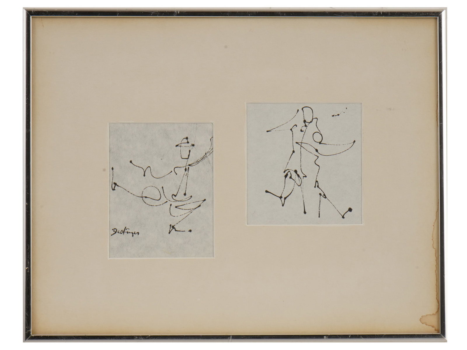 MID 20TH CENTURY INK PAINTING SIGNED BY THE ARTIST: A Mid 20th century diptych ink painting on paper, Russian Dancers. Executed in a minimalist, gestural style, the figures are rendered through fluid, expressive black ink lines. Signed by the artist, l