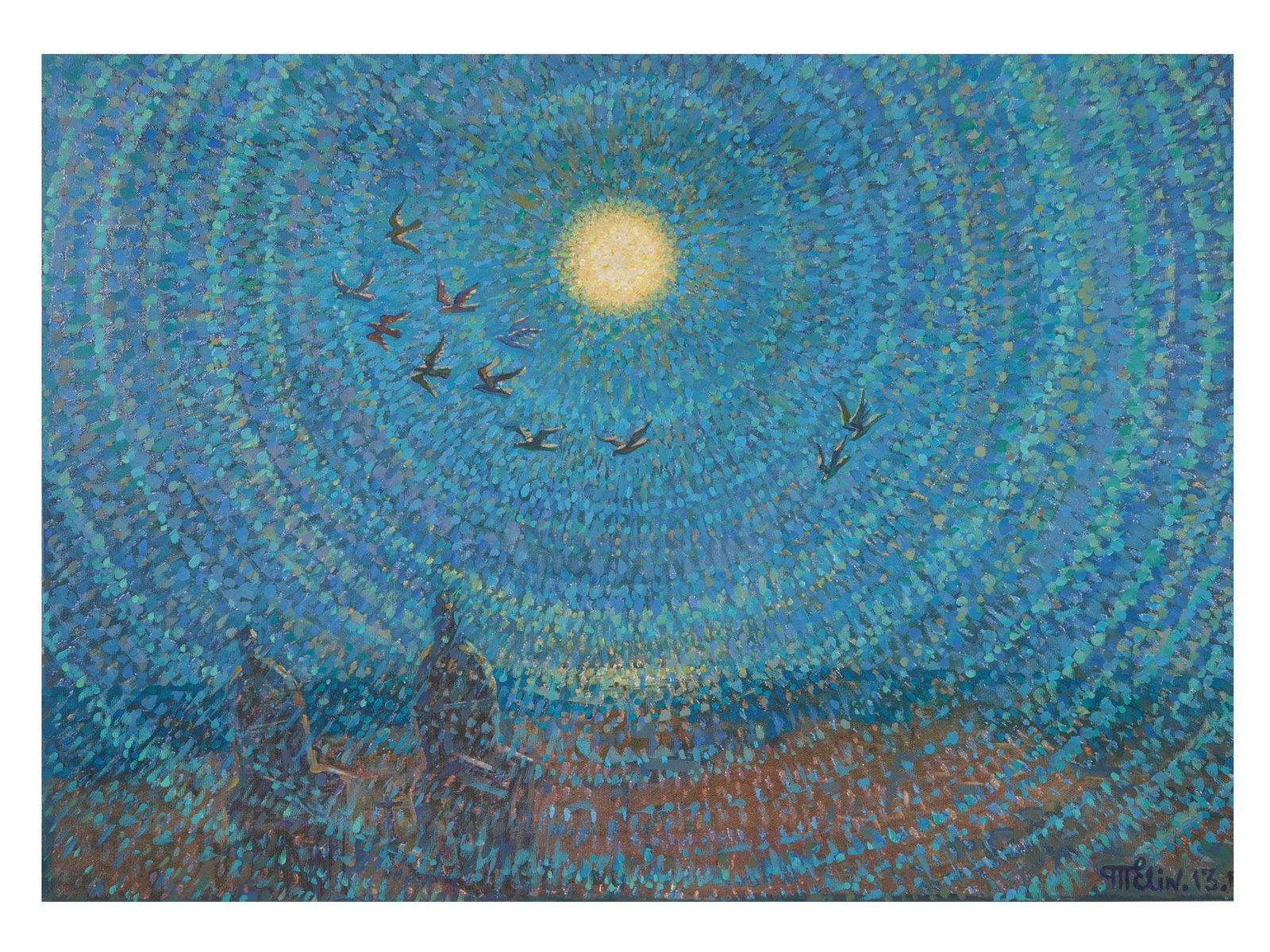 RUSSIAN PRINT PAINTED OVER CANVAS BY ALEXANDER TELIN: Alexander Telin, Russian, born 1966, a print enhanced with hand painted details on canvas, Pigeon Sky, 2013. Signed and dated 13, lower right. Additionally inscribed, titled, and dated, on the backsid