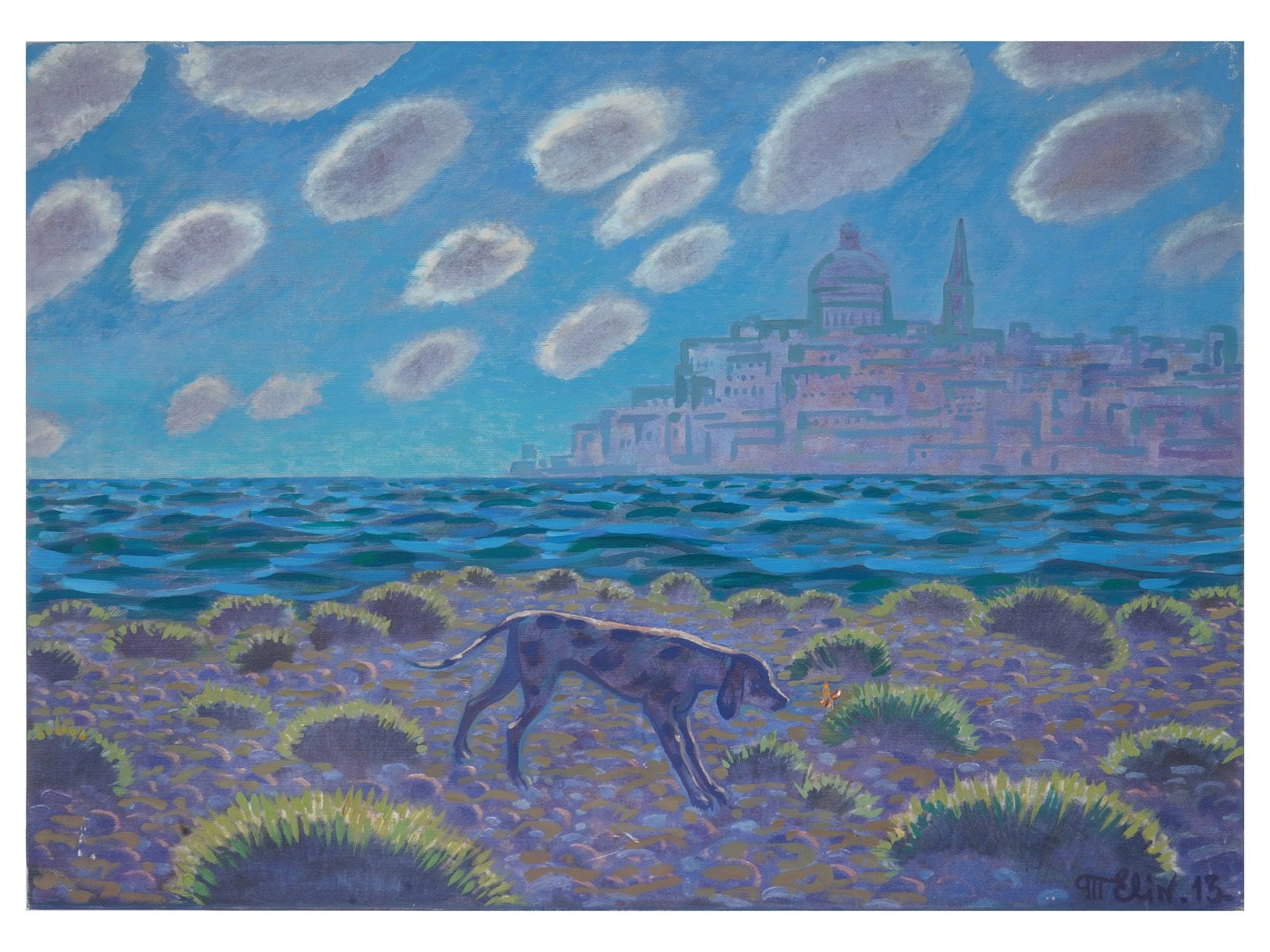 ALEXANDER TELIN RUSSIAN PRINT WALKING DALMATIAN 2013: Alexander Telin, Russian, born 1966, a print enhanced with hand-painted details on canvas titled Walking Dalmatian, 2013. Signed by the artist lower right. The composition depicts a Dalmatian on a coa