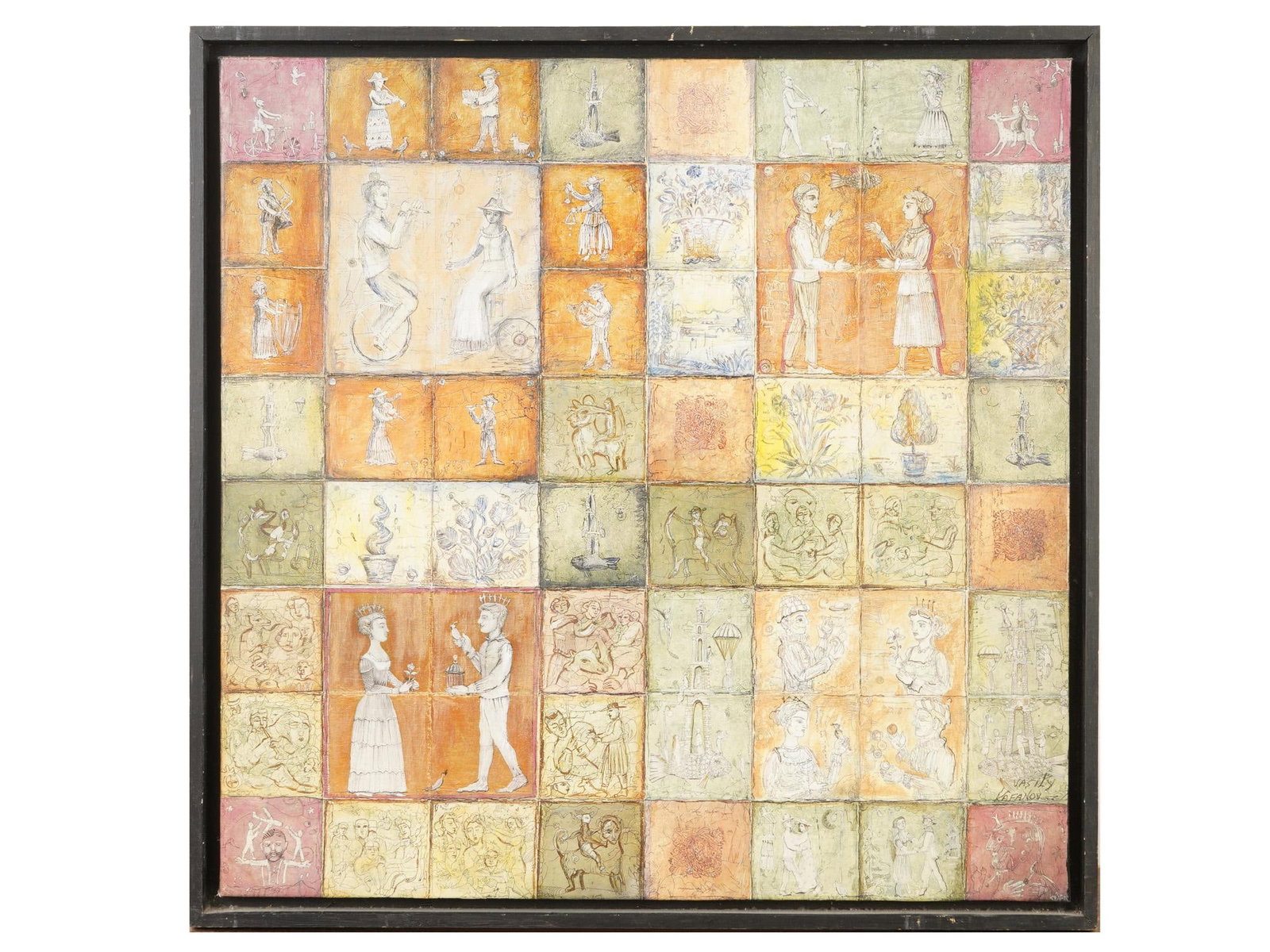 VASILY KAFANOV RUSSIAN AMERICAN TILED STYLE PRINT: Vasily Kafanov, Russian-American, born 1952, a print on canvas. It features grid or tiled style, where multiple individual scenes are arranged together to form a larger narrative. Vasily Kafanov is we