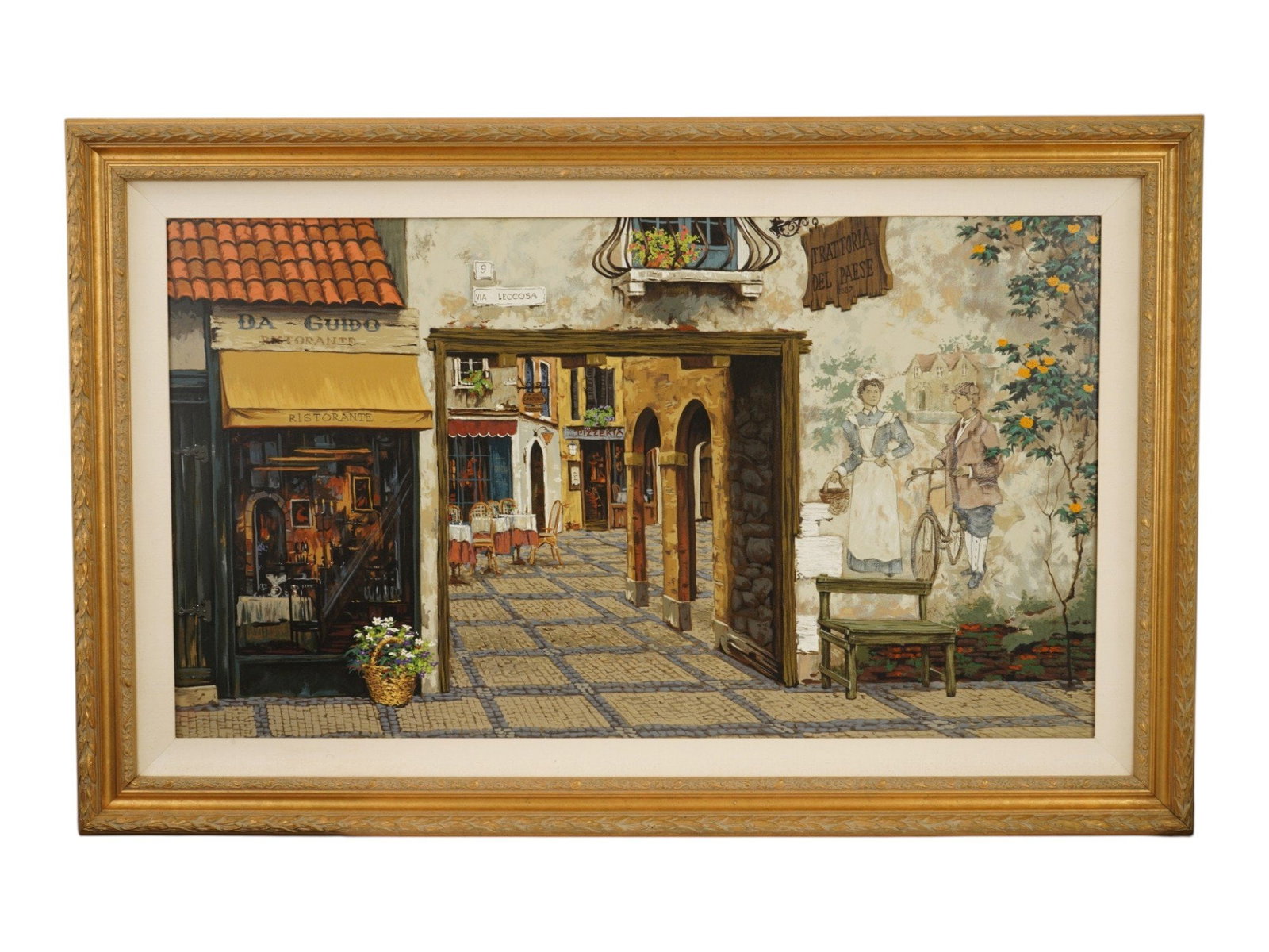 LTD RUSSIAN OIL PAINTING OVER PRINT BY VIKTOR SHVAIKO: Viktor Shvaiko, Russian, born 1965, a limited edition hand embellished oil painting on print titled Del Paese Via Leccosa Trattoria del Paese and Ristorante da Guido. Framed. The original artwork was 