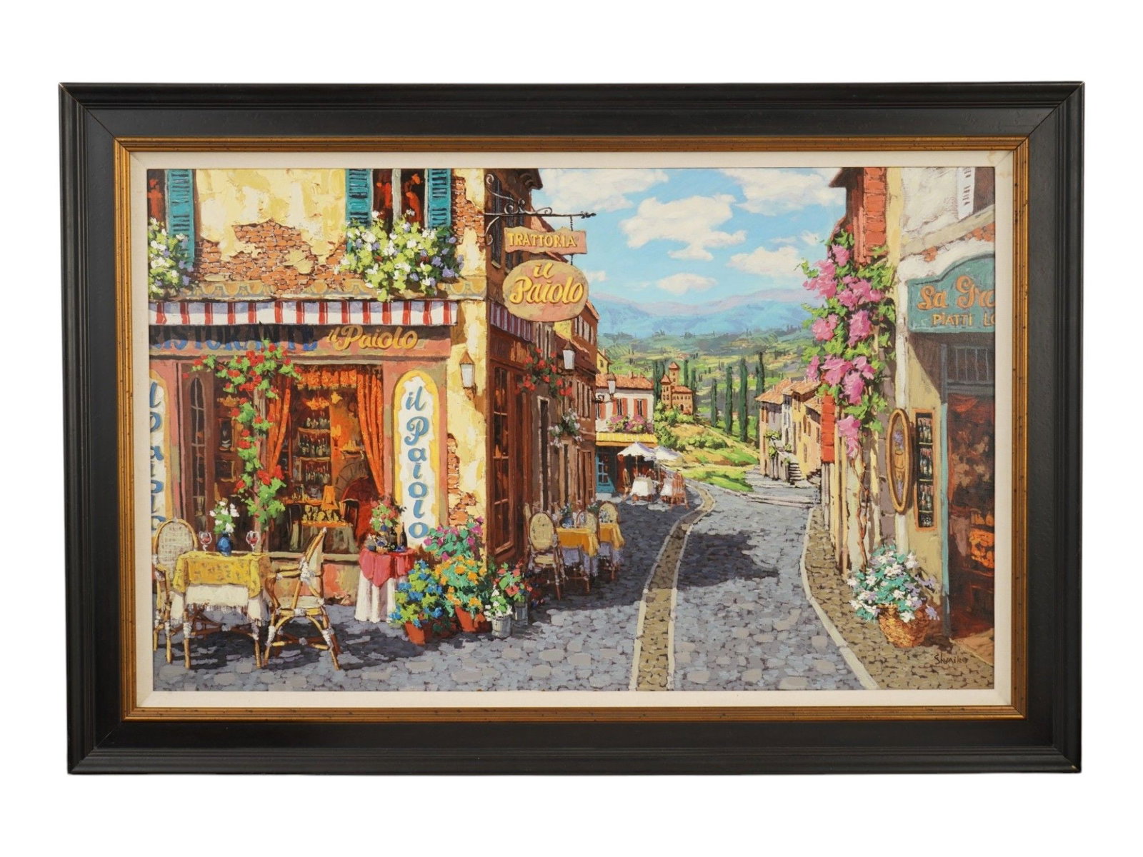 LTD RUSSIAN OIL PAINTING OVER PRINT BY VIKTOR SHVAIKO: Viktor Shvaiko, Russian, born 1965, a limited edition hand embellished oil painting on print titled Summer in Tuscany. Signed lower right. Framed. Additionally inscribed with the dedication and dated,