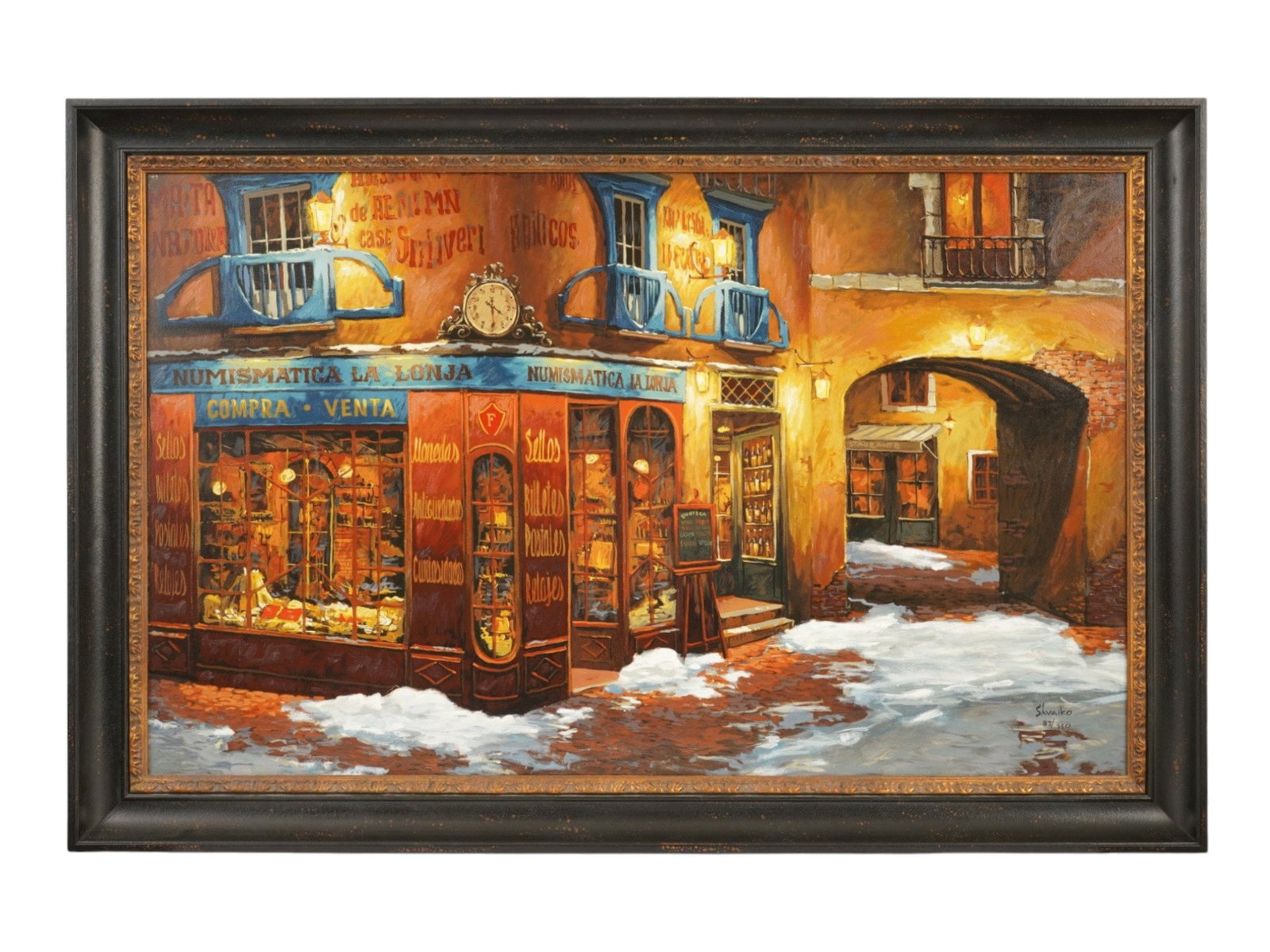 LTD RUSSIAN OIL PAINTING OVER PRINT BY VIKTOR SHVAIKO: Viktor Shvaiko, Russian, born 1965, a limited edition hand embellished oil painting on print titled Light on The Snow. Numbered 83 of 360, and signed lower right. Framed. Viktor Shvaiko is a prominent