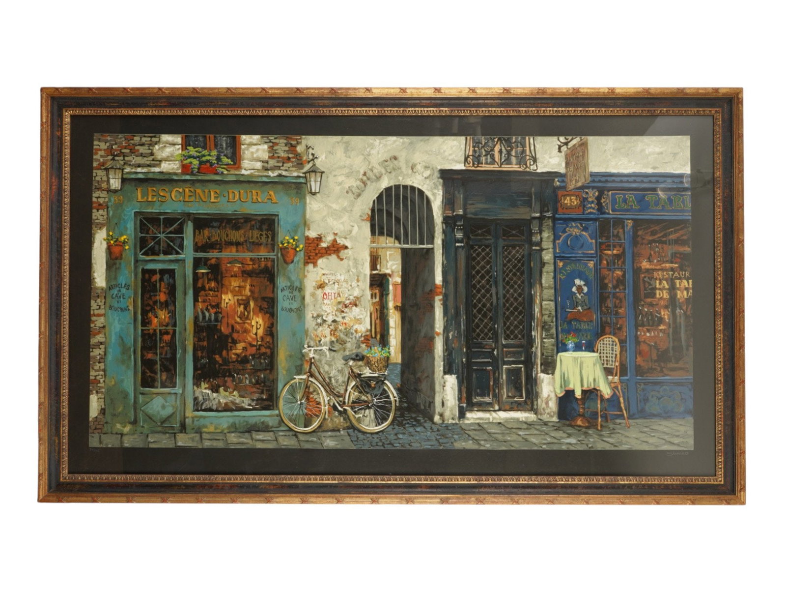 RUSSIAN OIL PAINTING OVER PRINT BY VIKTOR SHVAIKO: Viktor Shvaiko, Russian, born 1965, a hand-embellished limited-edition oil painting on print titled La Vieille Bicyclette, or The Old Bicycle. The atmospheric Parisian street scene features an old bic