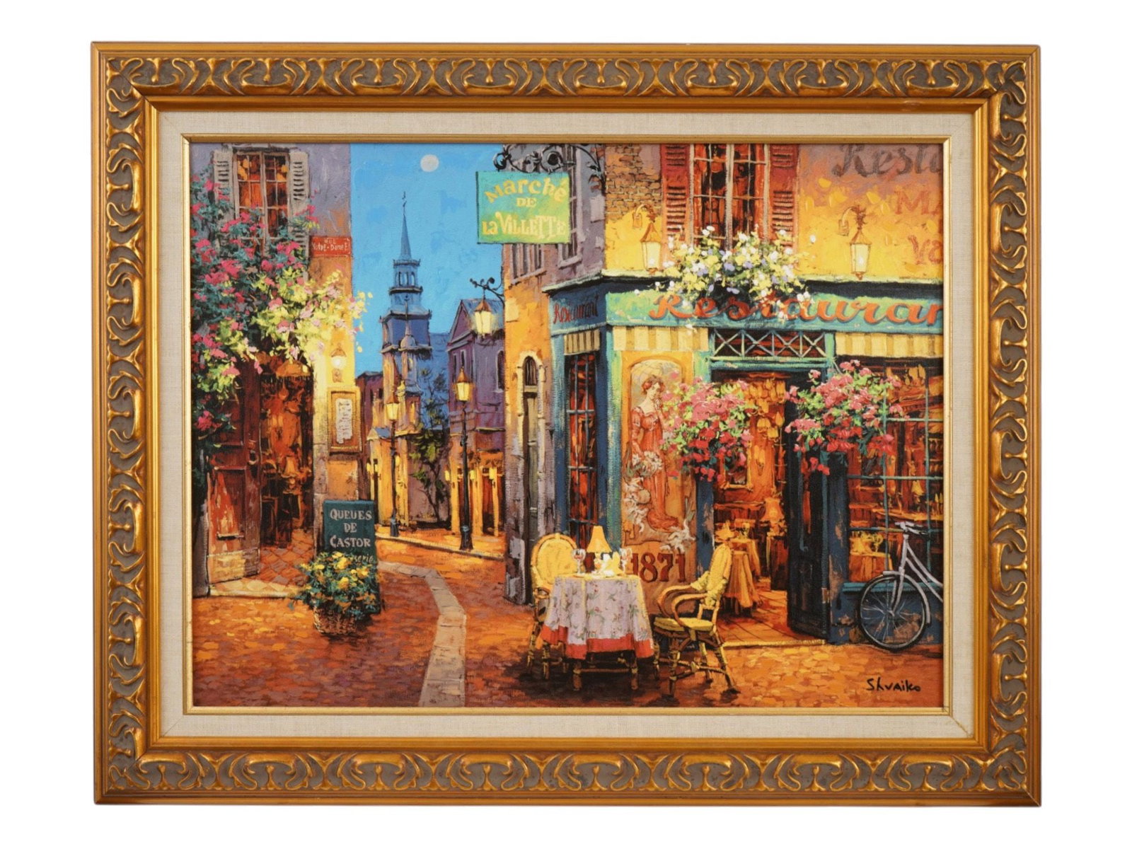 VIKTOR SHVAIKO PARIS VIEW OIL PAINTING OVER PRINT: Viktor Shvaiko, Russian, born 1965, a limited edition hand embellished oil painting on print. Street view of Rue Notre Dame, Paris, France. Signed lower right. Framed. Viktor Shvaiko is a prominent Ru