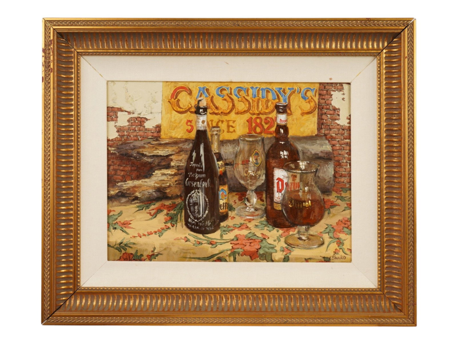 VIKTOR SHVAIKO VINTAGE OIL STILL LIFE PAINTING: A vintage oil on canvas still life painting by Russian artist Viktor Shvaiko, born 1965, executed in his signature style of romantic realism. The composition features detailed bottles of imported beer