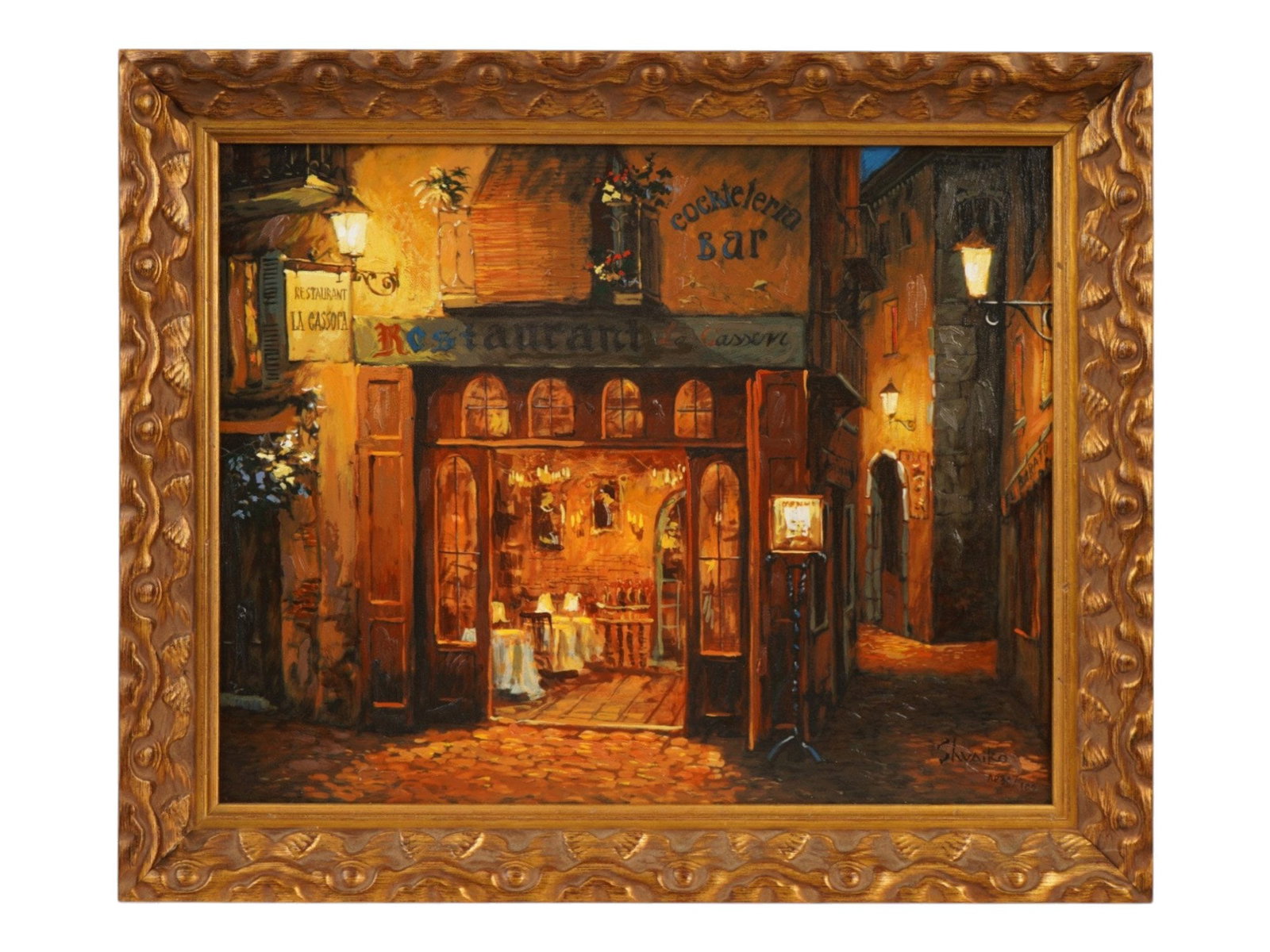 RUSSIAN VIKTOR SHVAIKO LTD OIL PAINTING OVER PRINT: A vintage limited edition oil painting over print by Russian artist Viktor Shvaiko, born 1965, executed in his signature style of romantic realism. The painting depicts a cozy European street at night