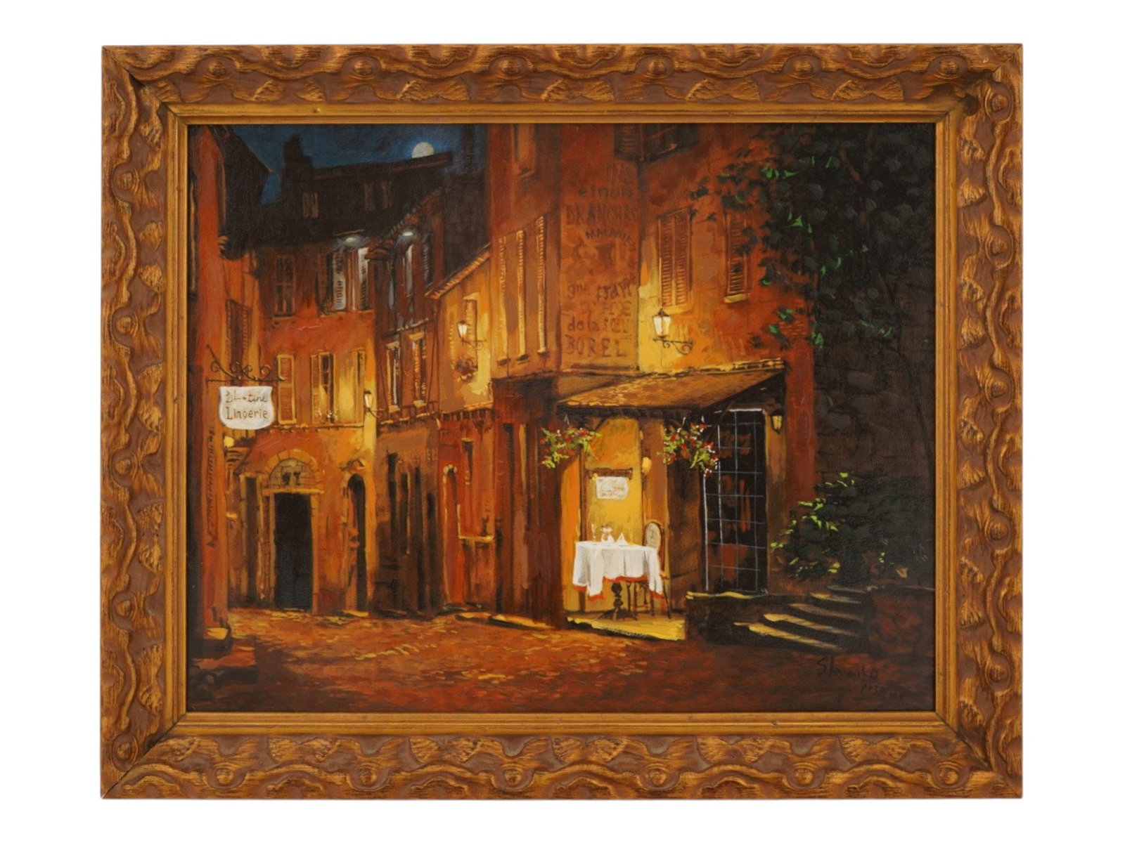 RUSSIAN OIL PAINTING OVER PRINT BY VIKTOR SHVAIKO: Viktor Shvaiko, Russian, born 1965, a hand-embellished limited-edition oil painting over print titled Moonrise at the Rodez, released circa 2000. The night scene depicts a warmly lit European alley wi