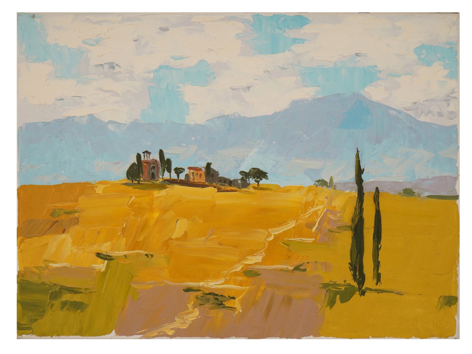 VIKTOR SHVAIKO RUSSIAN LANDSCAPE OIL PAINTING: Viktor Shvaiko, Russian, born 1965, oil painting on canvas. The artwork depicts a southern landscape with a sun?drenched yellow field, a group of houses and cypresses in the background, as well as blu