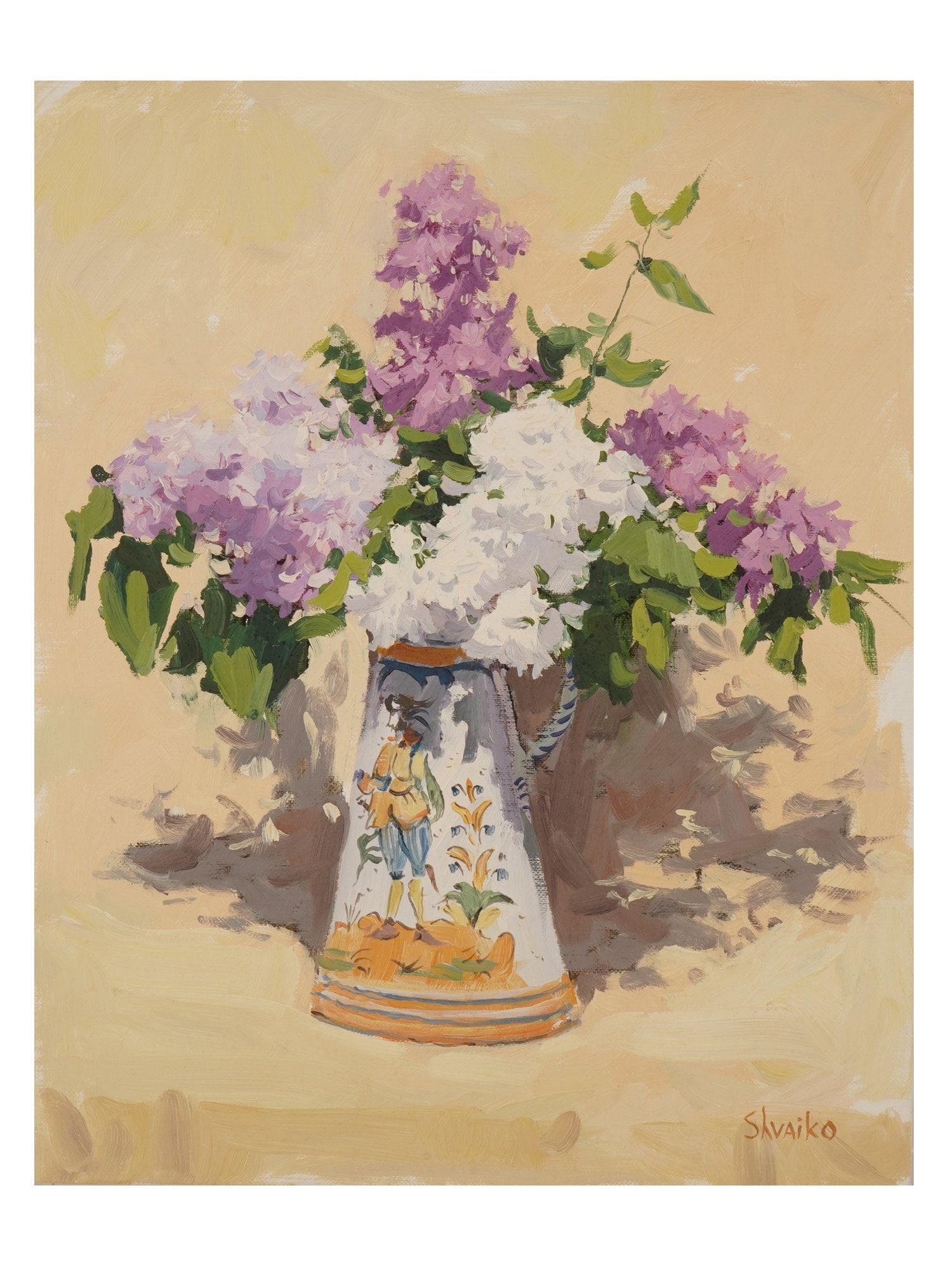 VIKTOR SHVAIKO RUSSIAN FLORAL STILL LIFE OIL PAINTING: Viktor Shvaiko, Russian, born 1965, oil painting on canvas. The artwork depicts a bouquet of lilacs in a hand-painted ceramic pitcher. Signed lower right. Dated 2009 with a dedication on the backside.