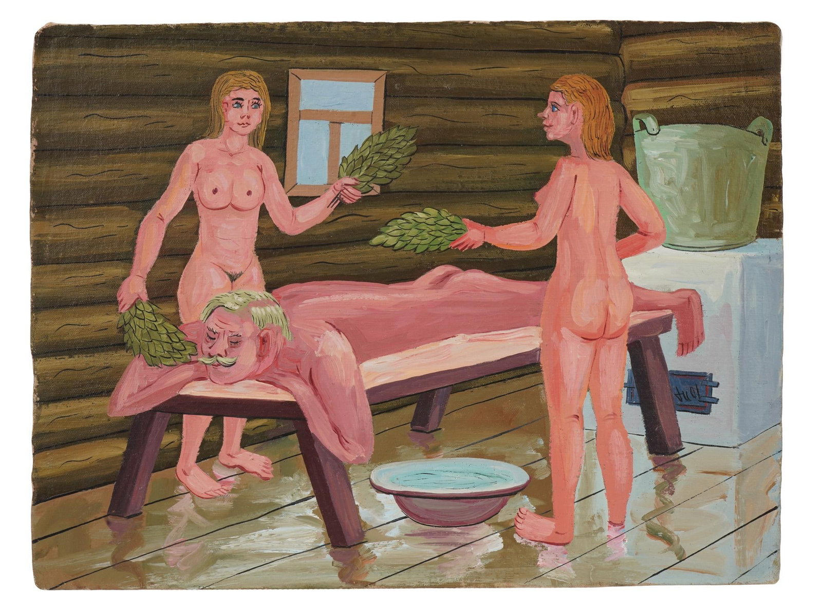 CONTEMPORARY RUSSIAN OIL PAINTING BY EVGENY GALKIN: Evgeny Galkin, a Contemporary Russian painter, an oil painting on canvas mounted on board, In the Bathhouse, 2001. Signed, inscribed, titled and dated, on the backside. Evgeny Galkin is a Russian prof