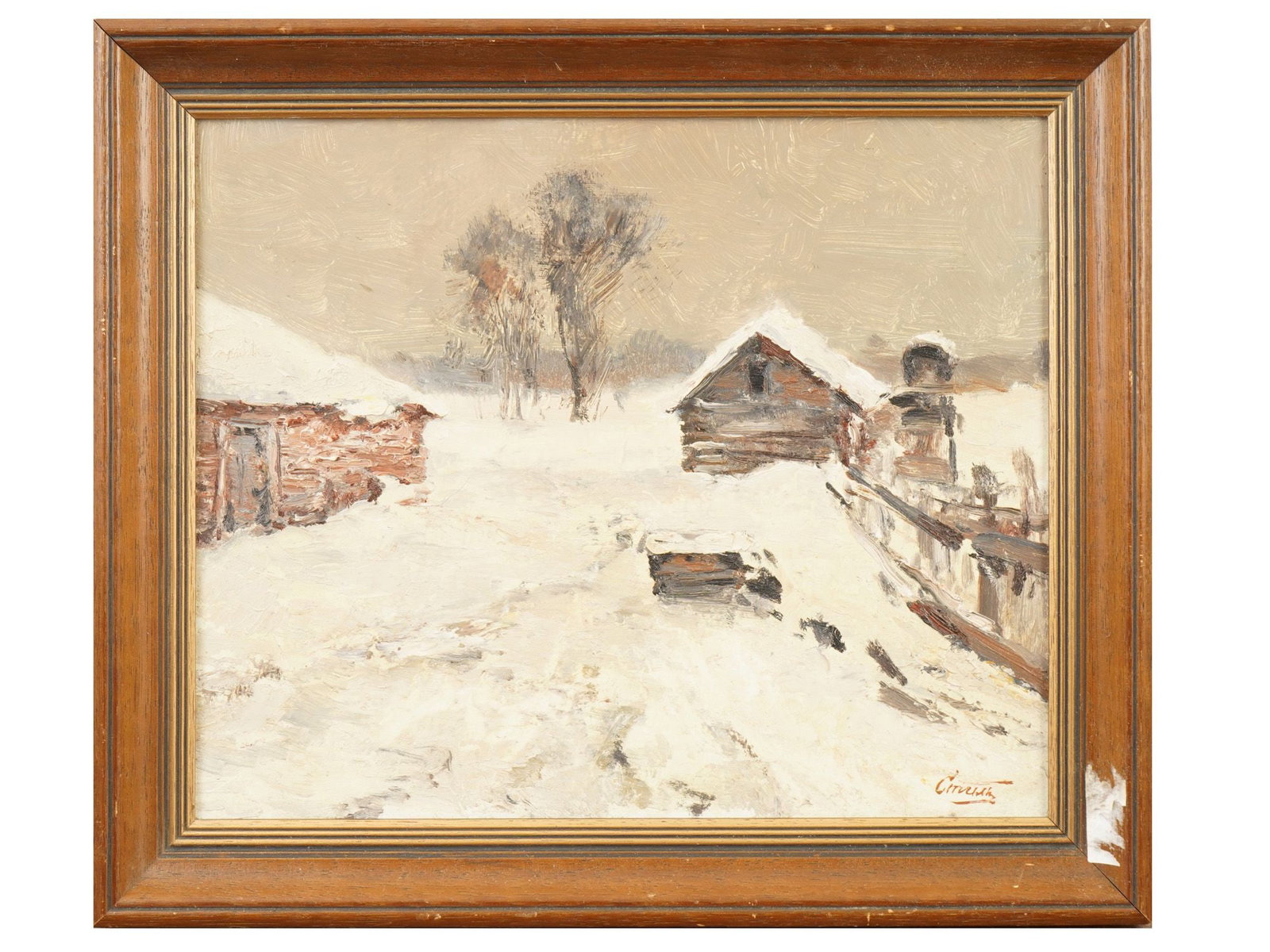 MID CENTURY RUSSIAN LANDSCAPE PAINTING BY LEONID STIL: A mid-century Russian oil landscape painting on board by Leonid Stil, titled Winter. Signed lower right. Framed. Executed in a style associated with Soviet Impressionism. Inscribed on verso. Framed. R