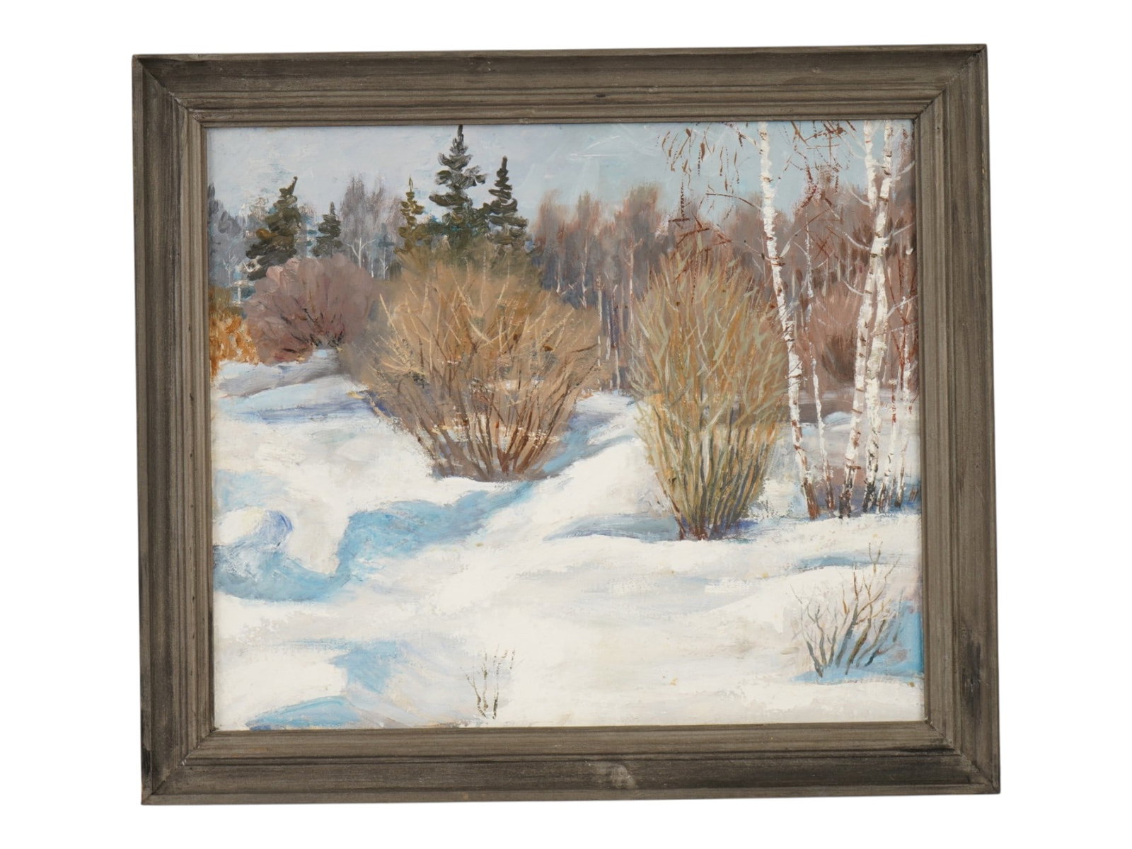 RUSSIAN LANDSCAPE OIL PAINTING BY YURI NIKITIN: Yuri Nikitin, a Contemporary Russian artist, an oil painting on canvas, a sketch depicting a winter landscape. Framed. Signed, inscribed in Cyrillic, March Environs of Lesosibirsk Study 2000, on the b