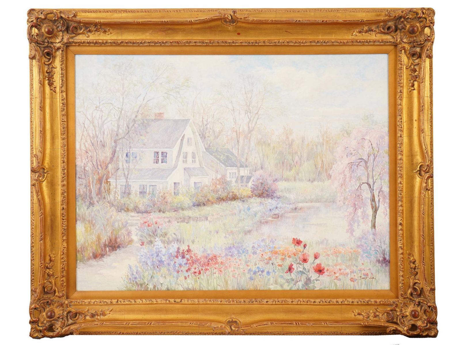 SANG LEE CONTEMPORARY KOREAN LANDSCAPE OIL PAINTING: An oil painting on canvas signed Sang Lee, depicting a serene landscape with a house, winding pathway, and blooming flowers. Framed. Sang Lee is a Korean painter born in 1949 and raised by a single mo