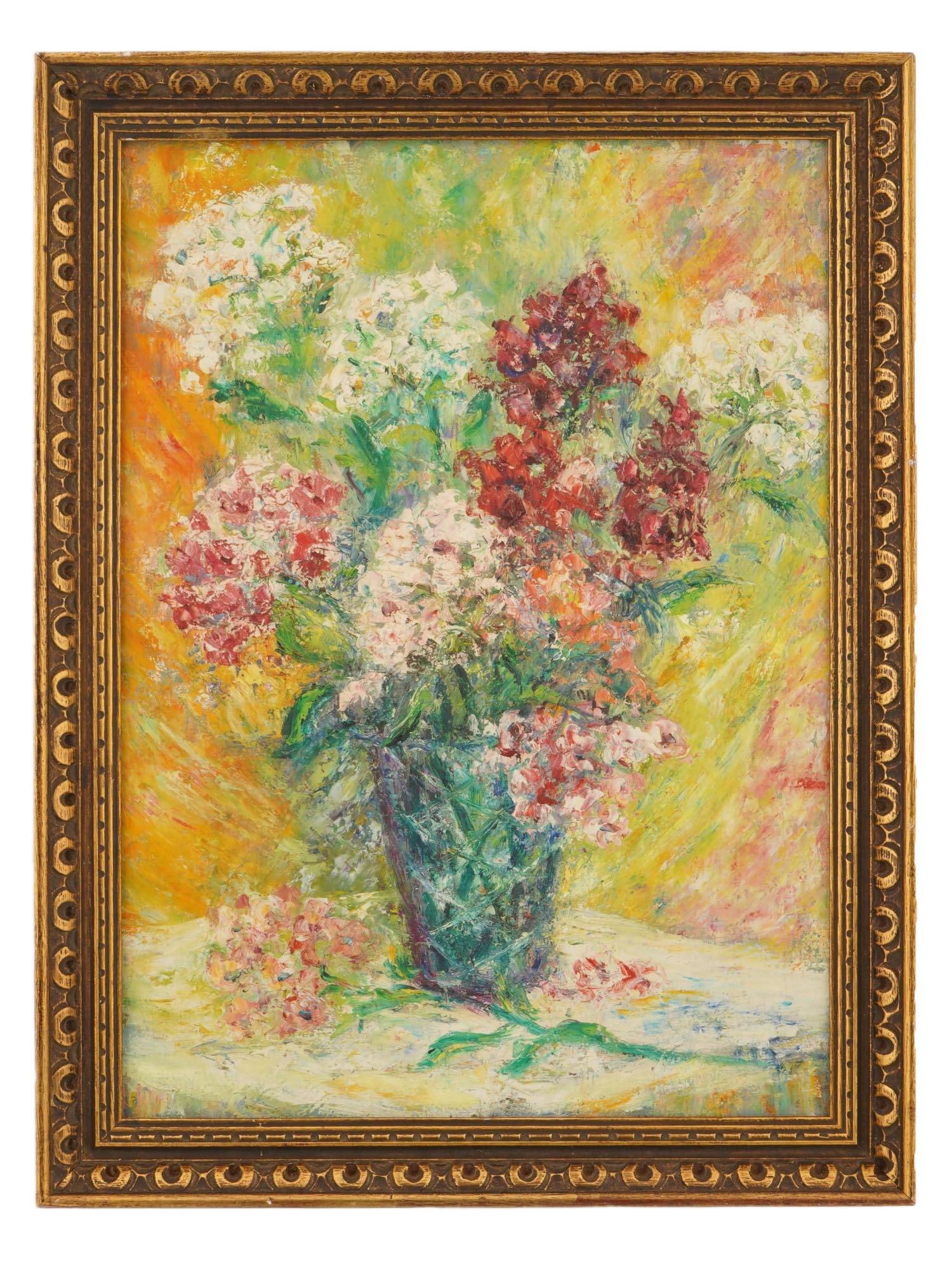 VTG IMPRESSIONIST FLORAL STILL LIFE OIL PAINTING: Oil on canvas painting. Still life with a vase of flowers. Impressionist pictorial manner. Unsigned. Ca. mid-20th century. Framed. Collectible Fine Art And Wall Decor. THIS LOT IS ELIGIBLE FOR A 30-DA