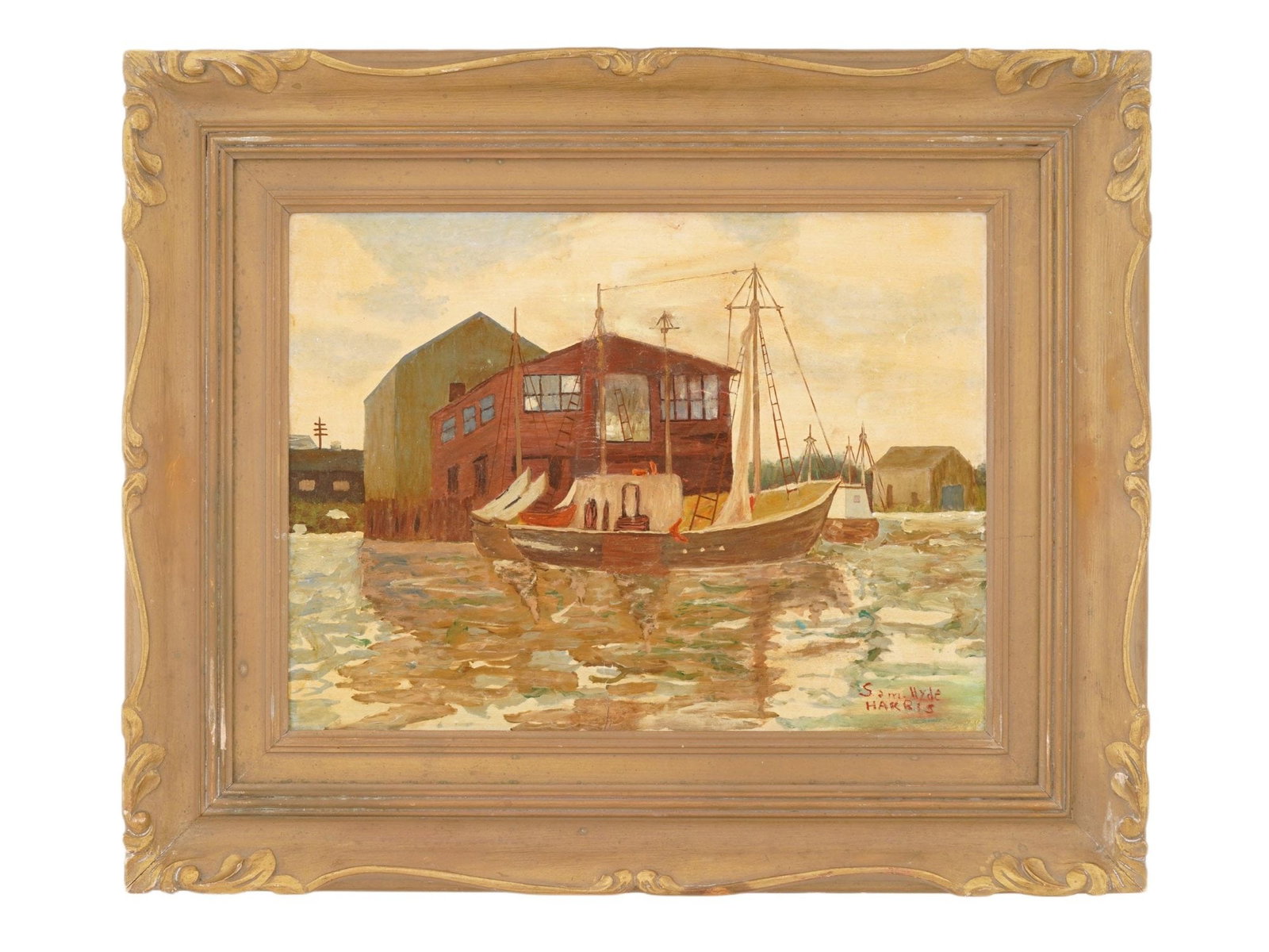 SAM HYDE HARRIS AMERICAN MARITIME OIL PAINTING: Sam Hyde Harris, American, 1889 to 1977, oil on canvasboard painting. The artwork depicts moored boats. Signed in the lower right. Handwritten dedication dated 1950 on the backside. Framed. Sam Hyde H