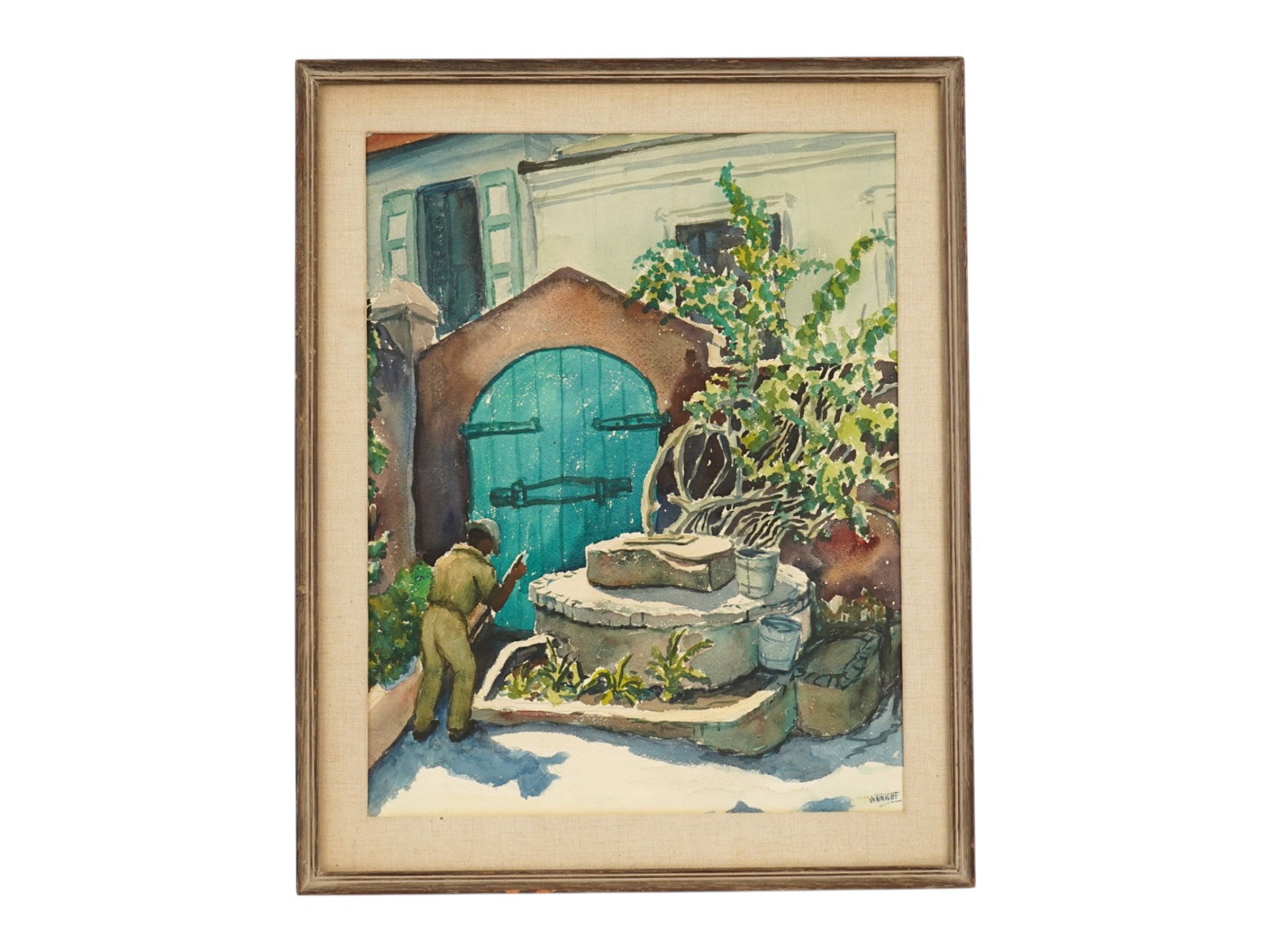 WILLIAM W. WRIGHT AMERICAN WATERCOLOR PAINTING: William W. Wright, American, born 1890, watercolor painting on paper. Genre scene of a black man clearing the snow in the yard. Titled Man Tending Garden. Signed lower right. Undated. Framed. Collecti