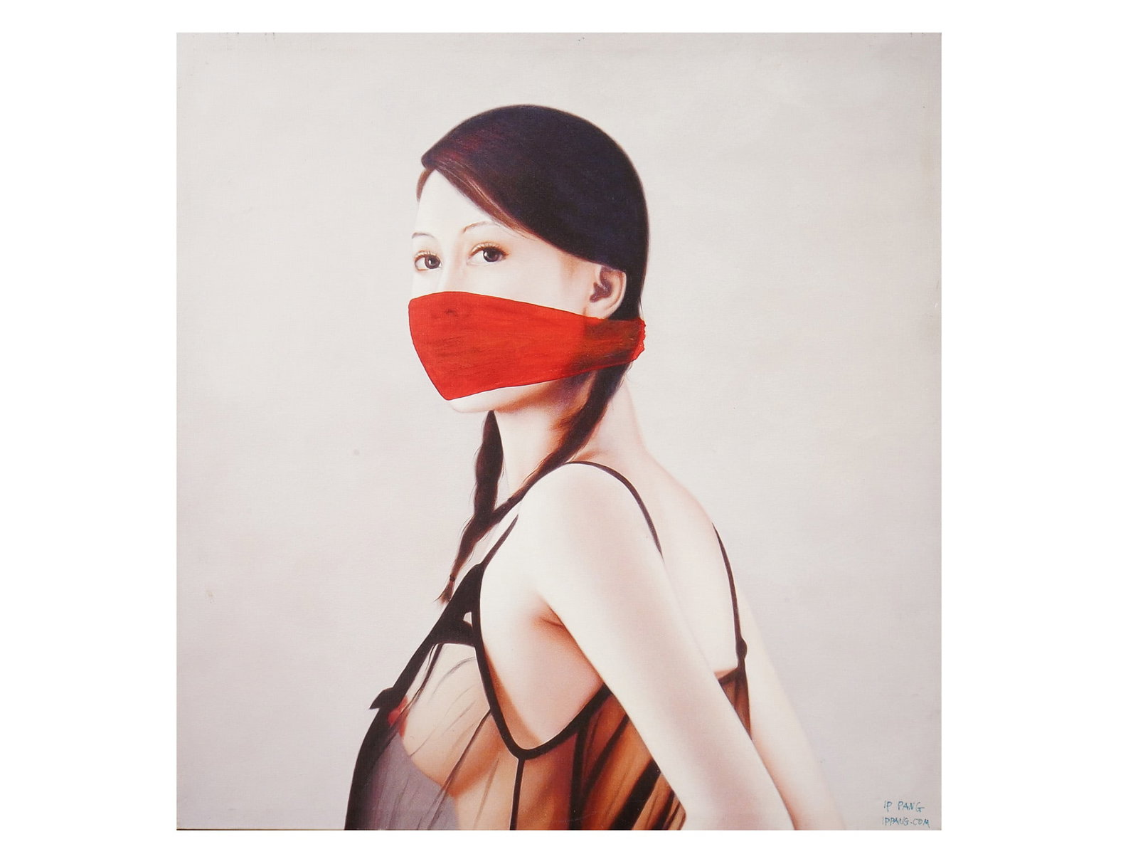 CONTEMPORARY CHINESE FEMALE PORTRAIT PRINT BY P PANG: P. Pang, a Contemporary Chinese artist, a color print on canvas depicting a portrait of a semi nude woman. Signed lower right. P. Pang is a Contemporary Chinese artist, known for conceptual artworks. 