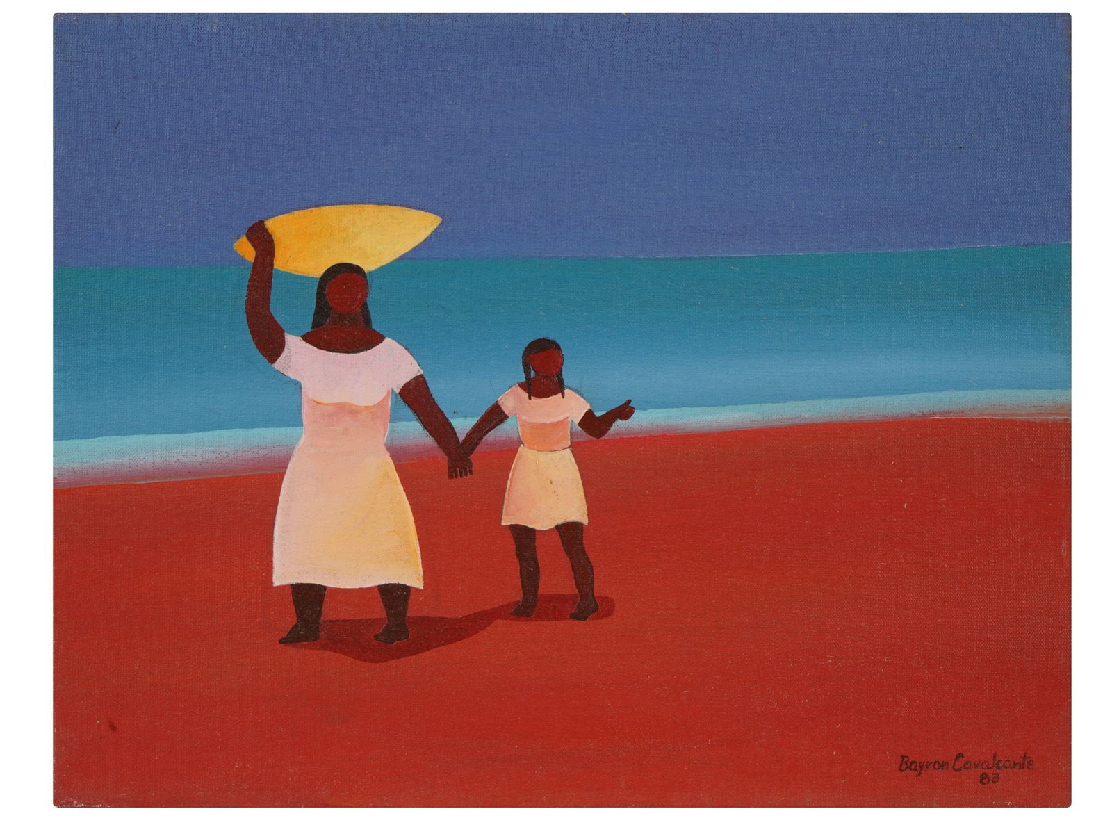 BRAZILIAN OIL PAINTING SIGNED BAYRON CAVALCANTE: An oil painting on canvas signed Bayron Cavalcante and dated 1983 lower right. The composition depicts a woman and child walking along a vibrant beach. Brazilian Paintings And Art Collectibles. THIS L