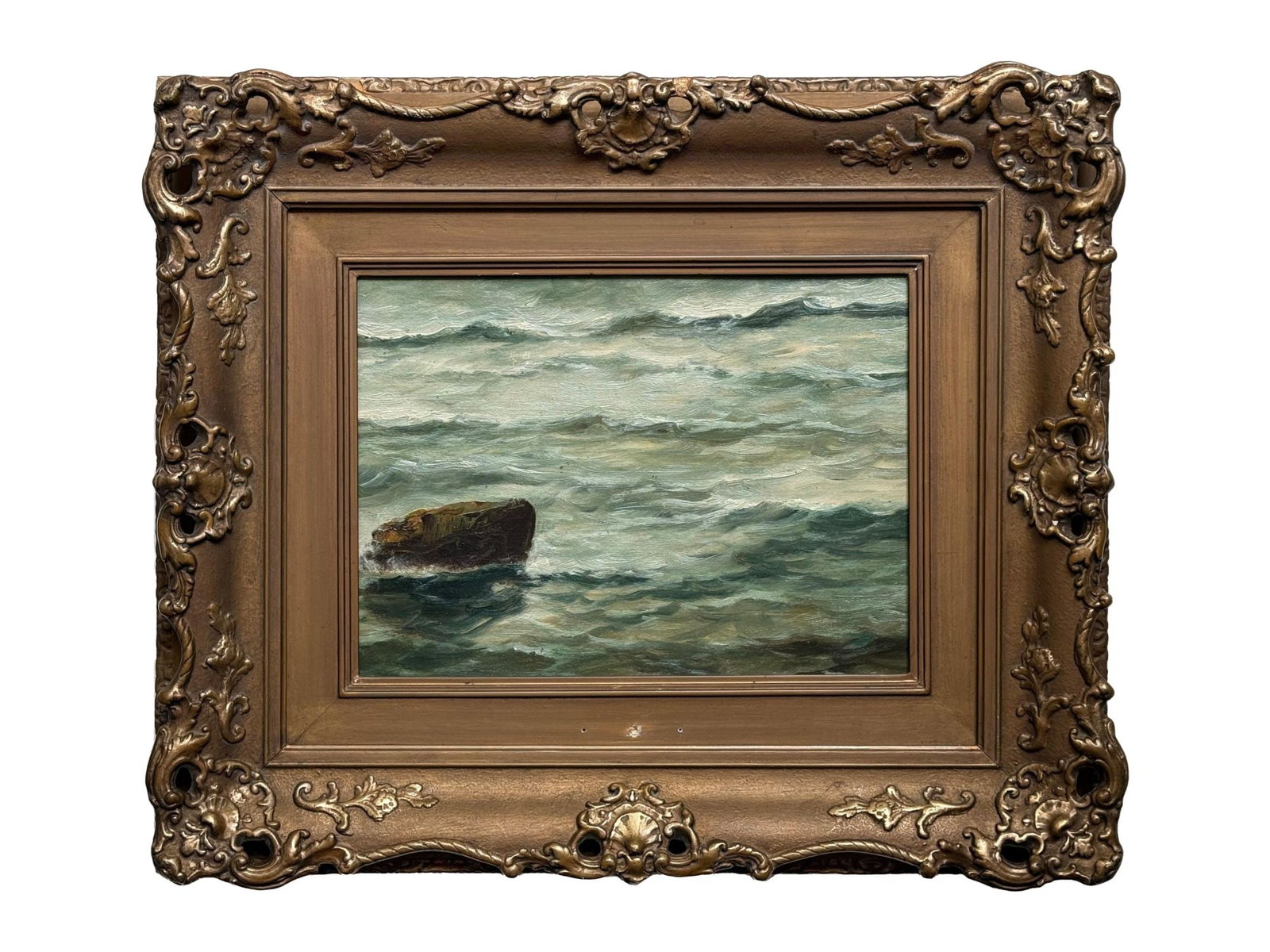 EARLY 20TH CEN AMERICAN SCHOOL SEASCAPE OIL PAINTING: An early 20th century American School oil painting on board depicting a seascape with a lonely rock. Unsigned. Framed. Antique and Vintage American Fine Art, Seascapes and Marine Scenes Oil Paintings,
