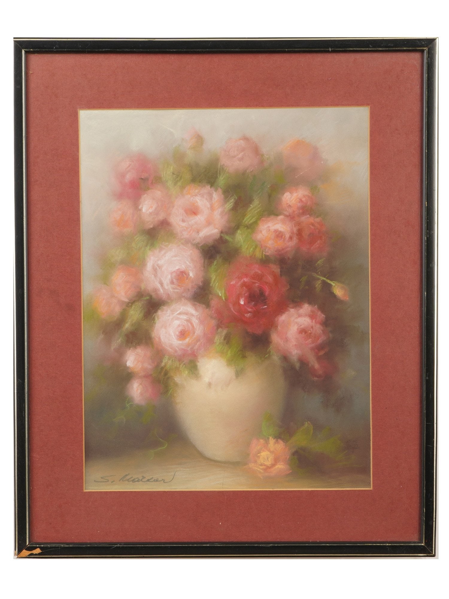 VINTAGE PASTEL ON PAPER STILL-LIFE PAINTING W ROSES: A vintage pastel on paper still-life painting. The painting depicts a lush bouquet of pink and white roses in a white vase. Illegible signature lower left, presumably S. Macker. Matted and framed. Fin