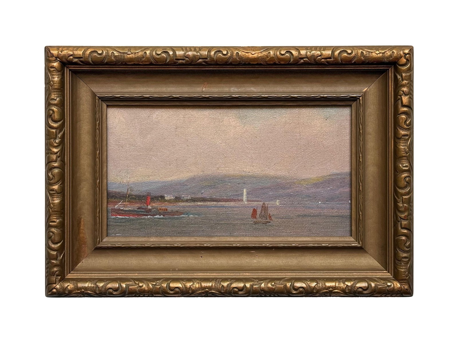 EARLY 20TH C AMERICAN SCHOOL COASTAL OIL PAINTING: An early 20th century American School oil painting on board depicting a coastal landscape with ships. Unsigned. Framed. Antique and Vintage American Fine Art, Seascapes and Marine Scenes Oil Paintings