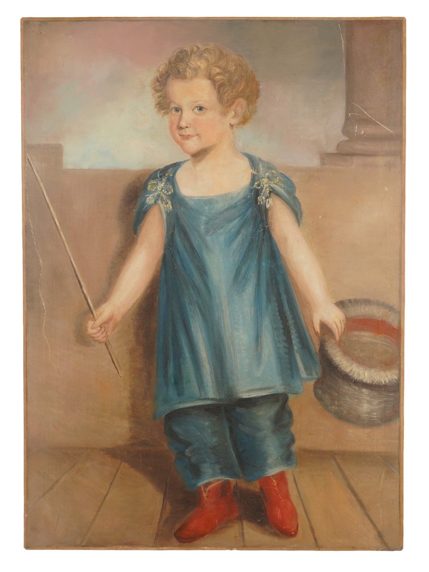 AMERICAN FOLK ART YOUNG CHILD PORTRAIT OIL PAINTING: An American Folk Art portrait oil painting on canvas, depicting a young child in colorful attire. The full-length composition shows the figure holding personal accessories within an outdoor architectu