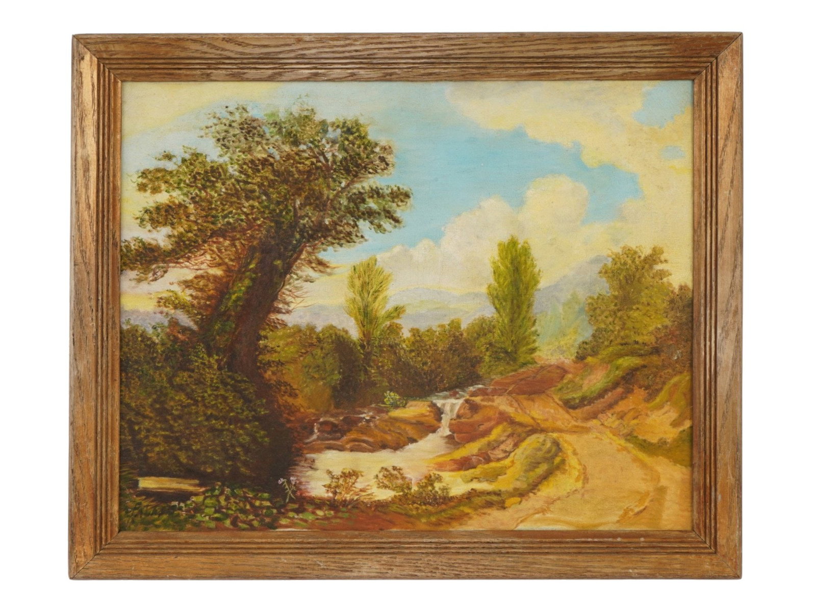 AMERICAN SCHOOL WESTERN LANDSCAPE OIL PAINTING SIGNED: An American School oil painting on canvas depicting a Southwestern landscape. Illegibly signed by the artist, lower left. Framed. Modernist and Contemporary Fine Art, American Landscape Oil Paintings,