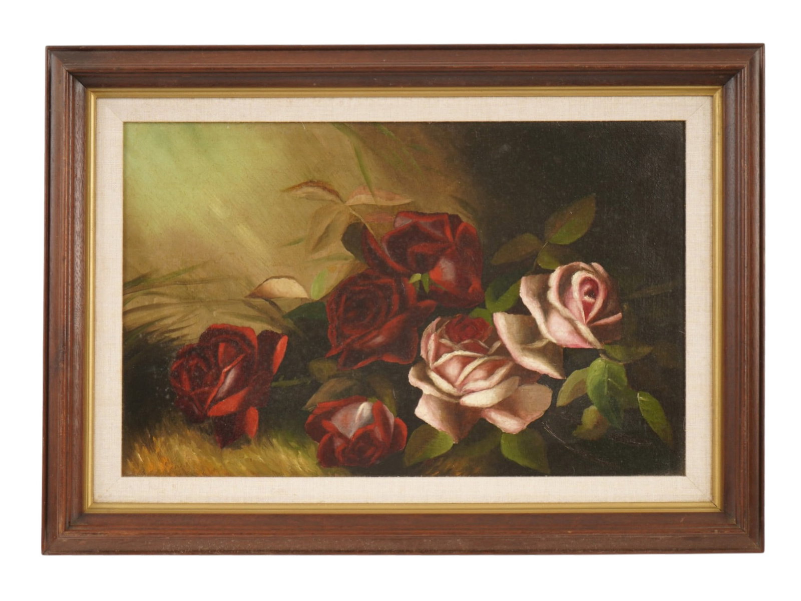AMERICAN SCHOOL FLORAL STILL LIFE OIL PAINTING: An American School oil painting on canvas depicting a still life with rose flowers. Unsigned. Framed. Stamped on the backside. Modernist and Contemporary Fine Art, Floral Still Life Oil Paintings, and