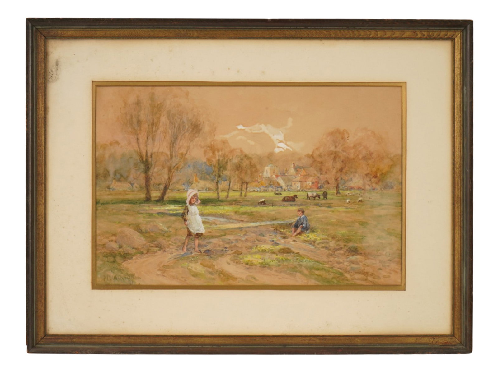 AMERICAN SCHOOL WATERCOLOR PAINTING SIGNED BY M JACKSON: An American School watercolor painting on paper depicting a pastoral scene with two kids. Signed by the artist, M. Jackson, and probably dated 21, lower left. Framed. Antique and Vintage American Fine
