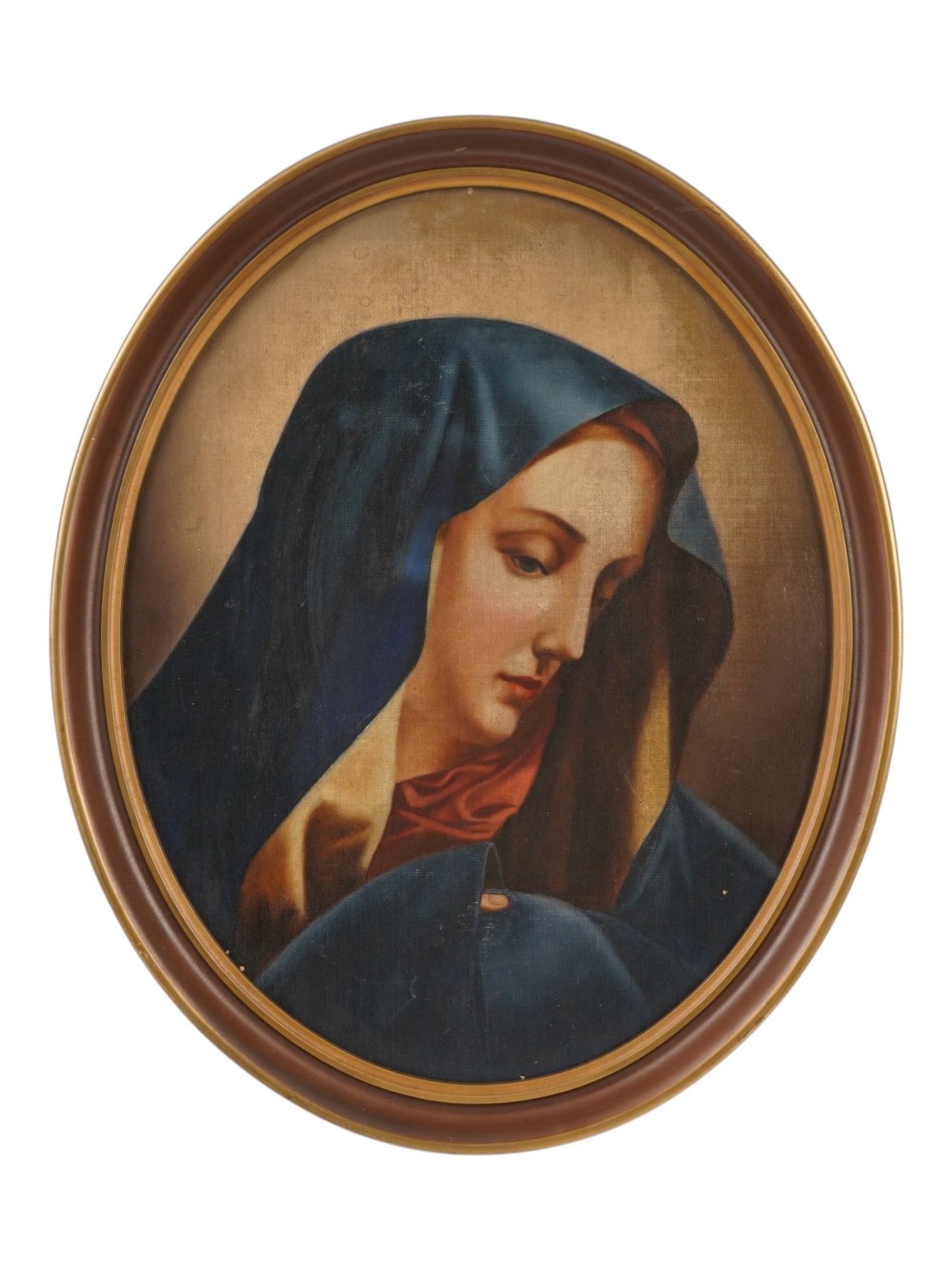 ANTIQUE ITALIAN SCHOOL OIL PAINTING MATER DOLOROSA: Oil painting on canvas. Italian school, 19th century. The artwork depicts Our Lady of Sorrows, or Mater Dolorosa, a Catholic Christian iconography of Virgin Mary in anguish. Oval format. Unsigned. Fra