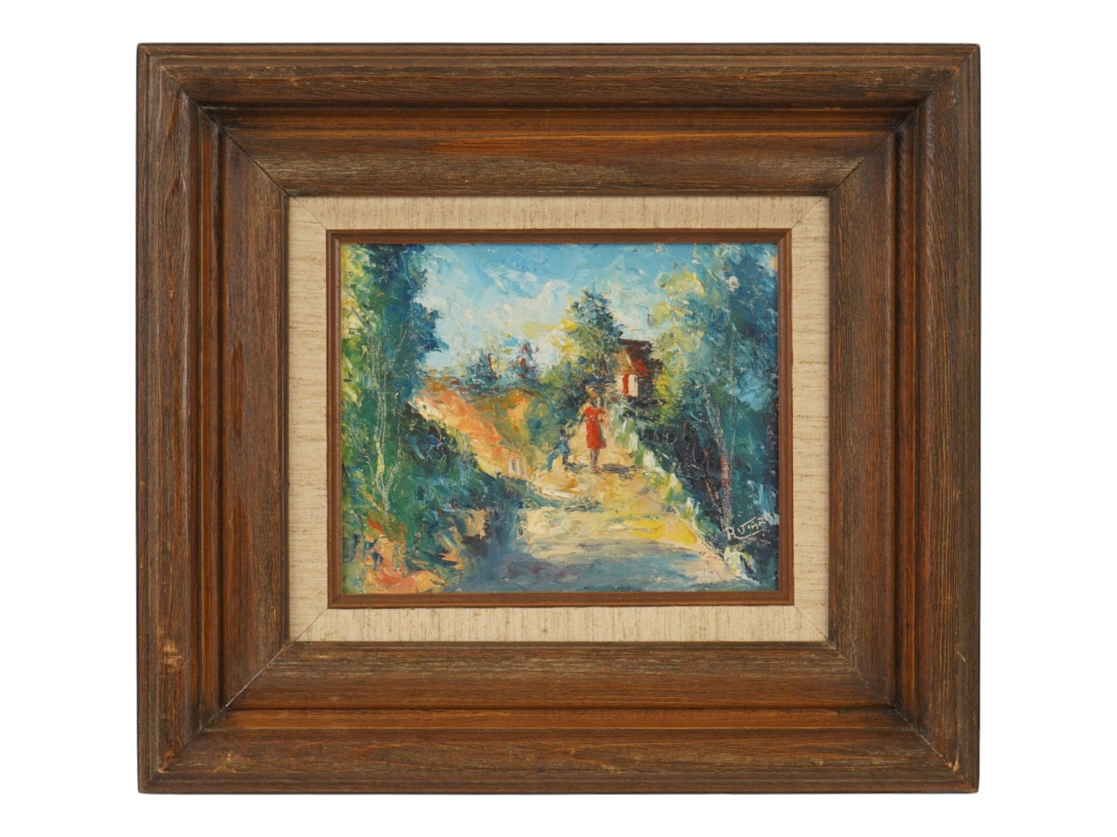 RAOUL VIARD HAITIAN LANDSCAPE OIL PAINTING: Raoul Viard, Haitian, 1923 to 1991, oil painting on canvas. The artwork depicts a mother and child walking along a countryside pathway. Executed with the use of palette knife. Signed lower right. Unda