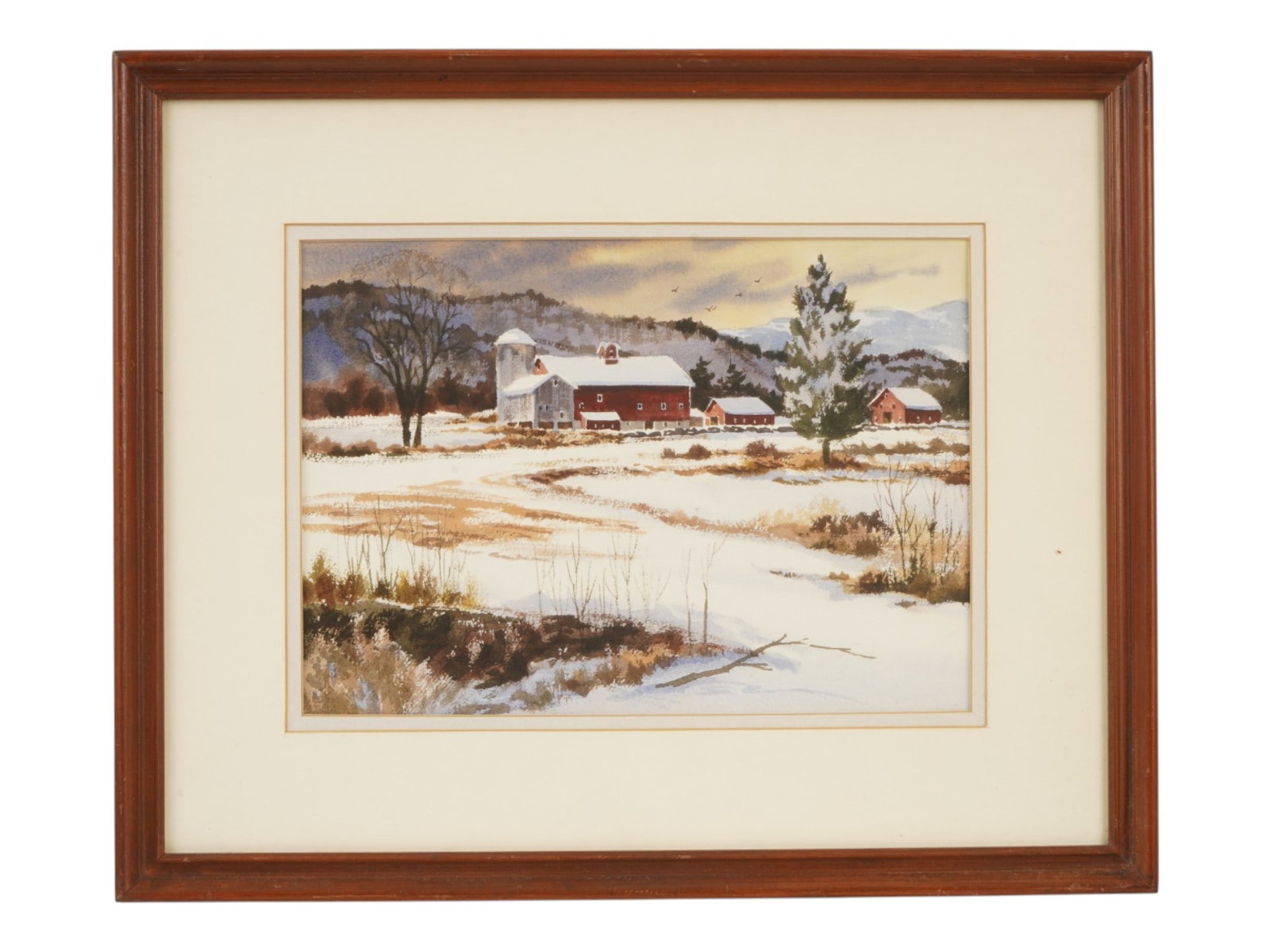 WINTER LANDSCAPE WATERCOLOR PAINTING SIGNED KENT H: Watercolor painting on paper. American, late 20th century. The artwork depicts a snow-covered farm. Signed with a dedication on the backside, Kent H. Framed. Collectible Graphic Art, Rural Landscape, 
