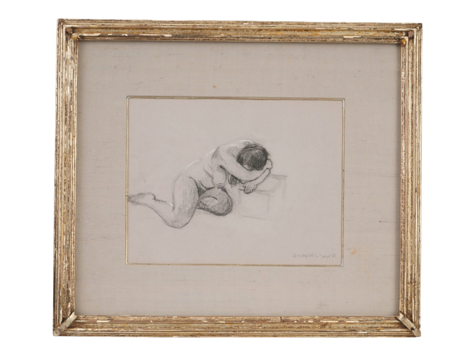 SIGNED RAPHAEL SOYER CHARCOAL NUDE PORTRAIT PAINTING: A vintage charcoal painting on paper depicting a nude female portrait. Signed Raphael Zalman Soyer, American, 1899 to 1987, lower right. Matted and framed. Known as a painter, draftsman, and printmake