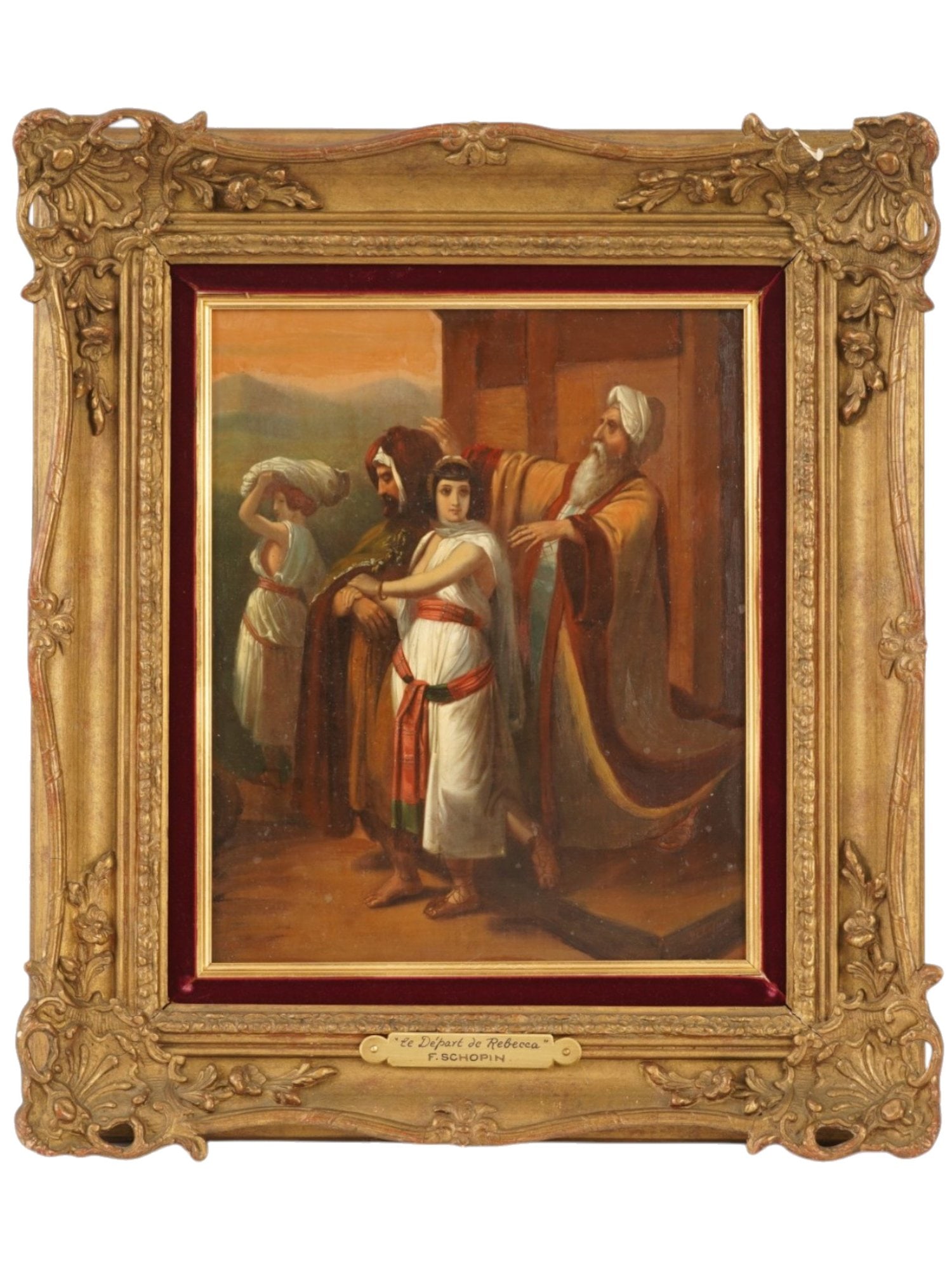 ANTIQUE FRENCH OIL PAINTING BY FREDERIC HENRI SCHOPIN: An antique French oil on board painting, Le Depart de Rebecca, Rebeccas Departure by Frederic Henri Schopin, 1804 to 1880, a prominent French historical painter. The painting depicts a biblical scene 