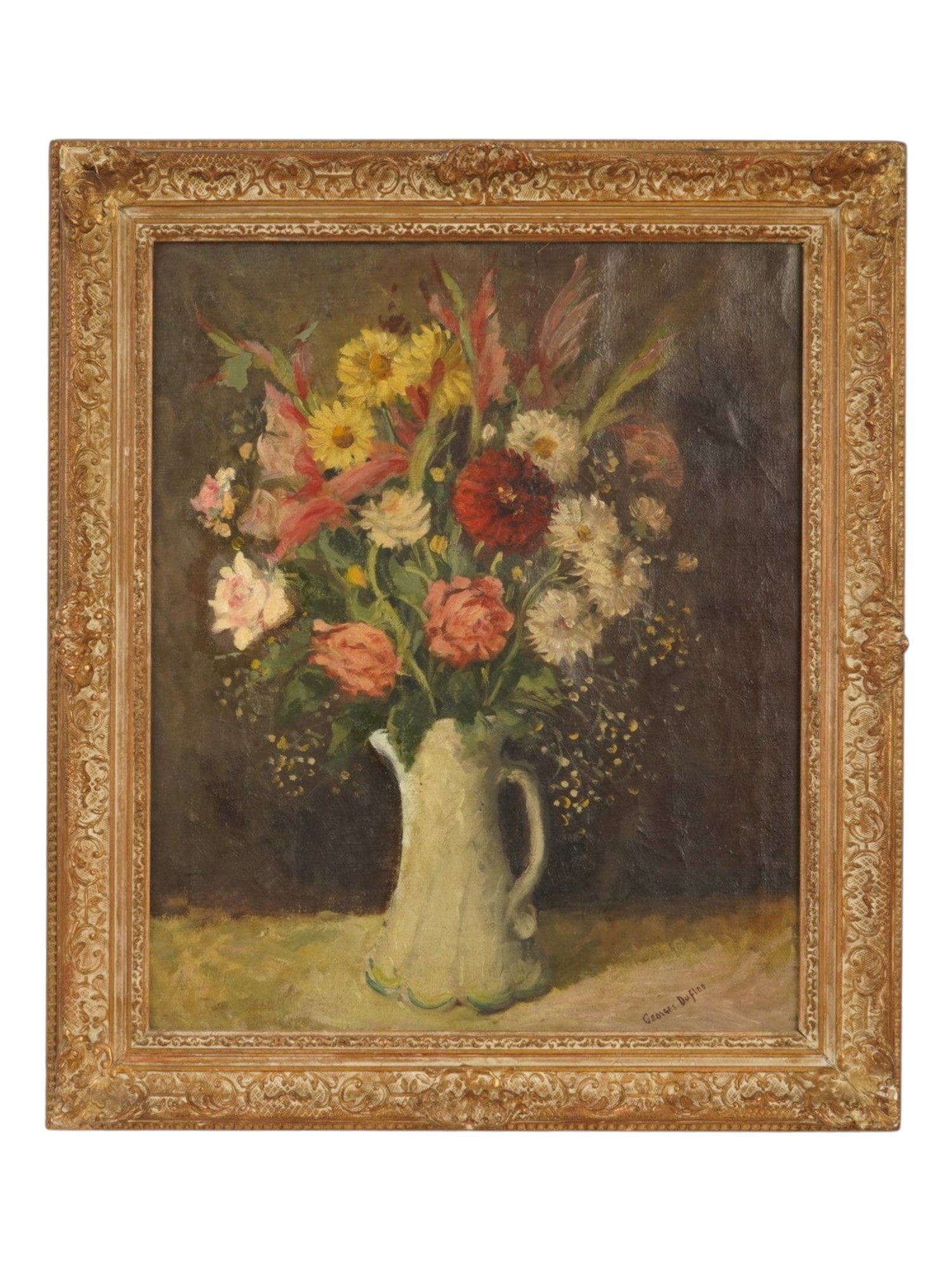MID CENTURY STILL LIFE PAINTING BY GEORGES DUFLOS: A mid-century floral still-life oil painting on canvas, signed Georges Duflos in the lower right. The bouquet of chrysanthemums, roses, and delicate wildflowers is arranged in a rustic ceramic ewer. P