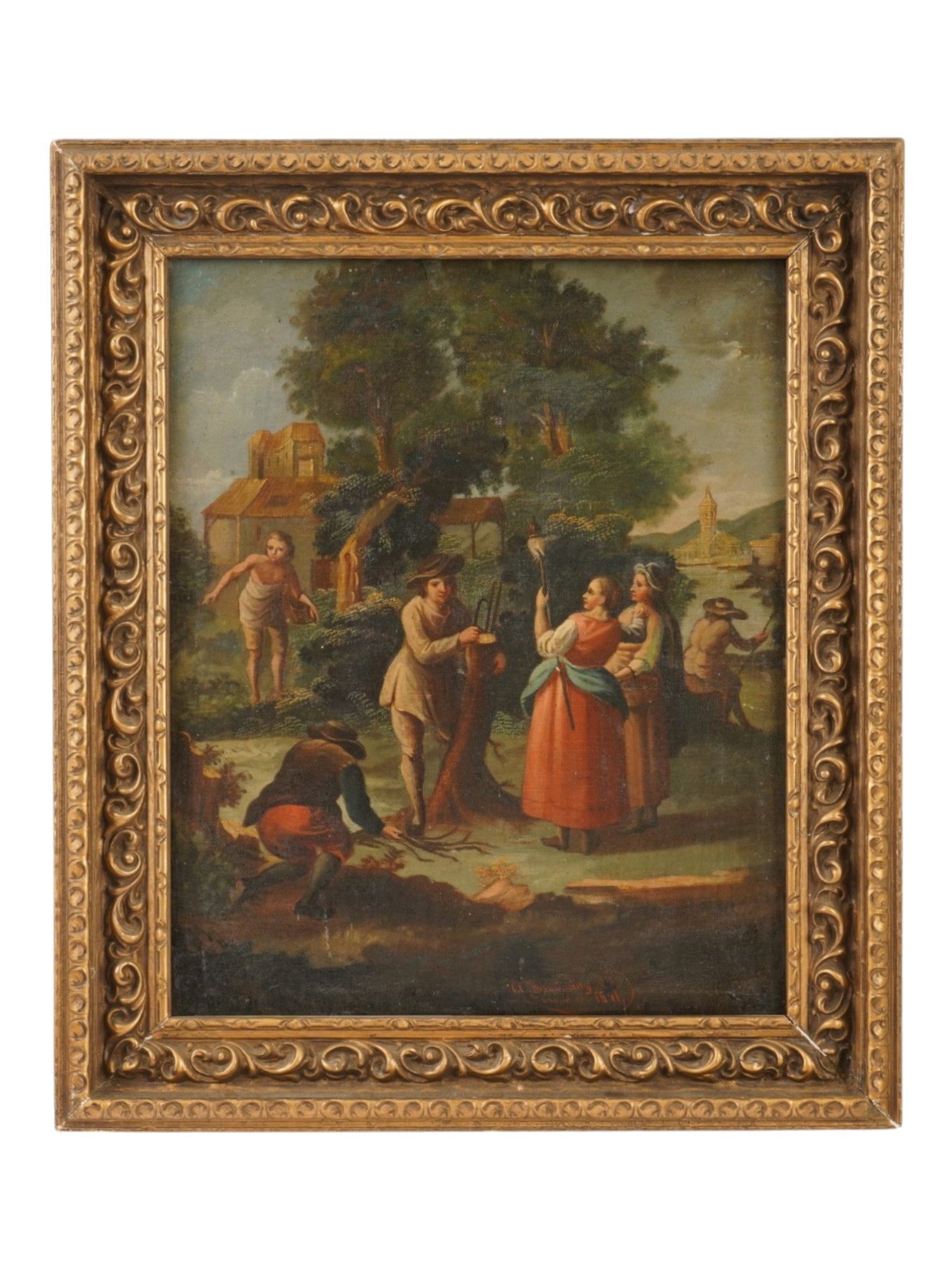 ANTIQUE SPANISH OIL PAINTING SIGNED A. HERNANDEZ: An antique 19th century Spanish genre landscape painting, executed in oil on canvas, signed A. Hernandez and dated 1811 at the lower right. The pastoral scene depicts rustic figures engaged in country