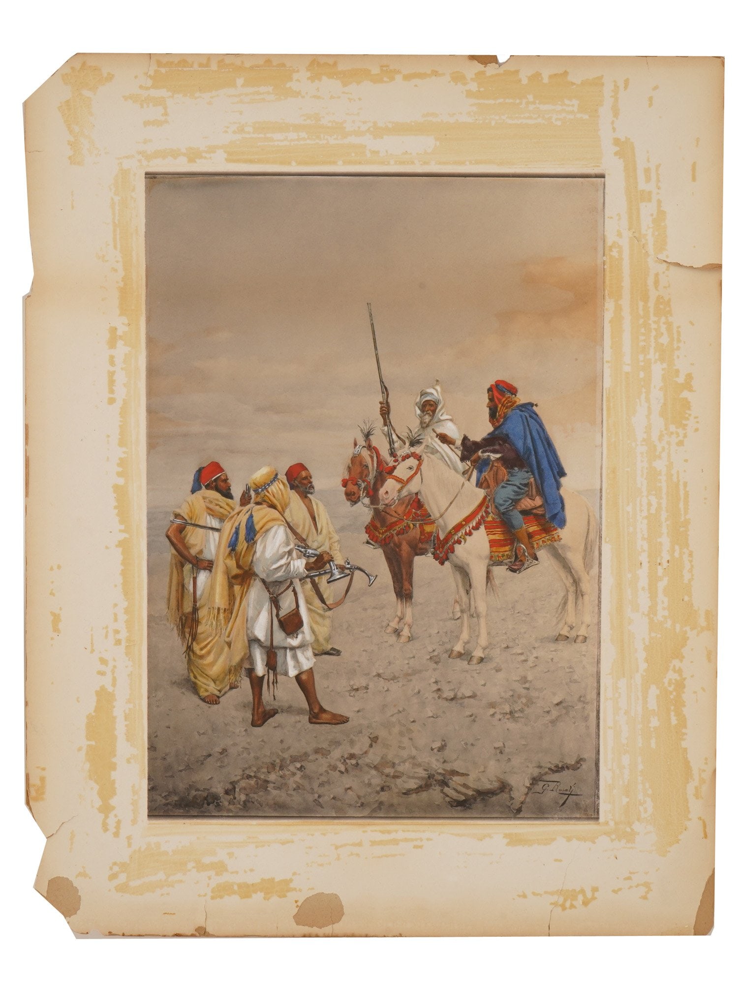 ORIENTAL WATERCOLOR PAINTING SIGNED GIULIO ROSATI: A watercolor painting on paper, titled Horsemen in the Desert or Meeting of Bedouin Soldiers. Signed, G. Rosati, lower right. Giulio Rosati, 1858 to 1917, was an academic Italian painter who became on